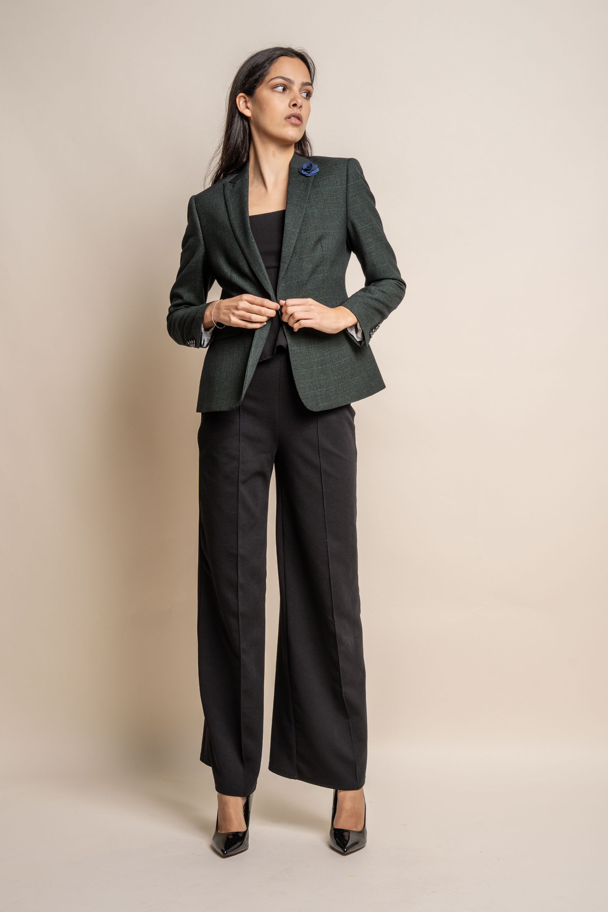 Women's Slim Fit Houndstooth Check Blazer - CARIDI - Olive Green
