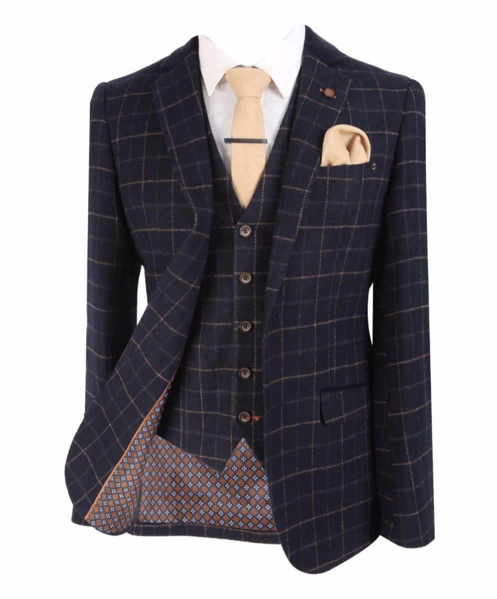 Men's Tweed Check Slim Fit Navy Suit Jacket- SHELBY