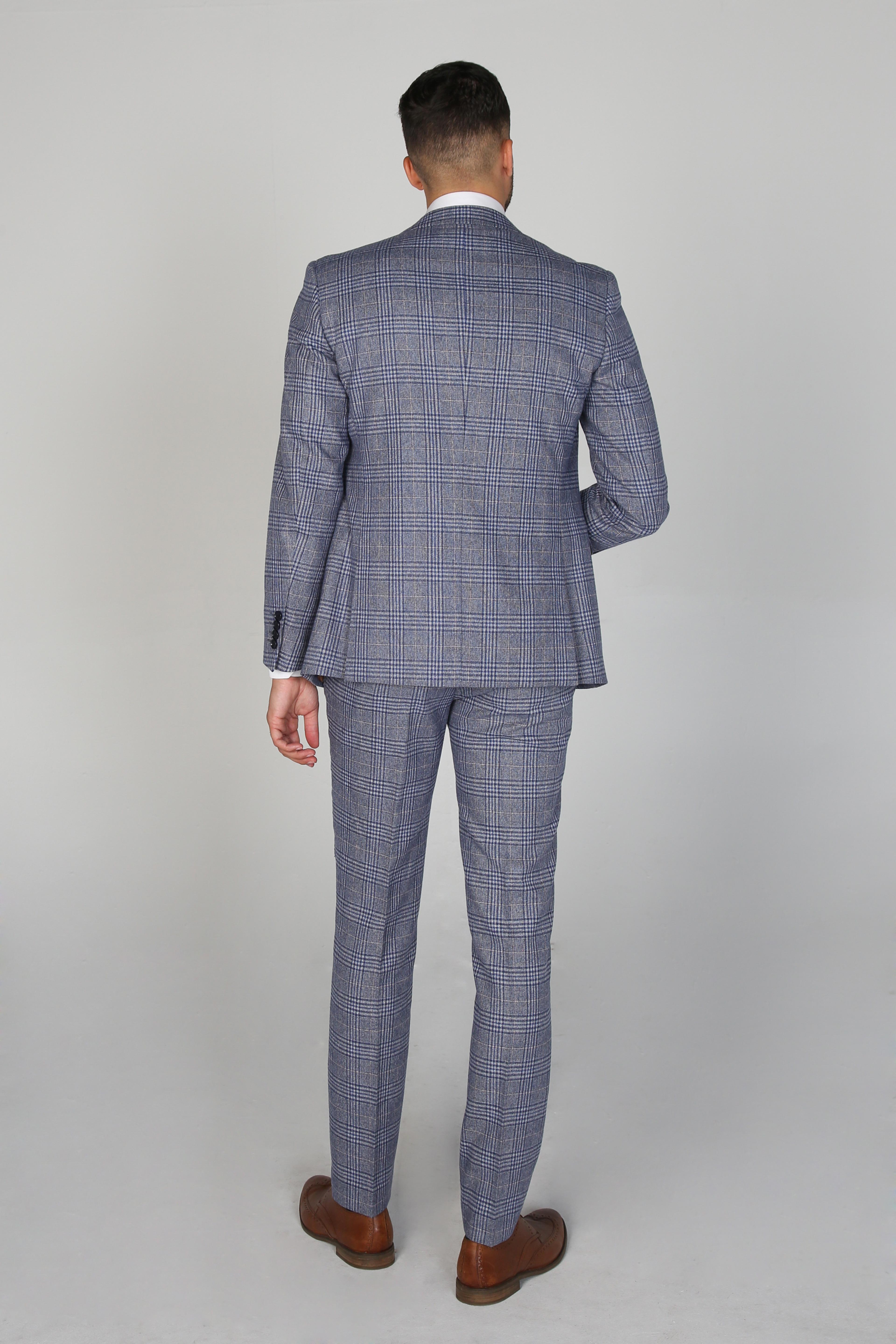 Men's Retro Check Tailored Fit Blue Suit  - VICTOR - Blue