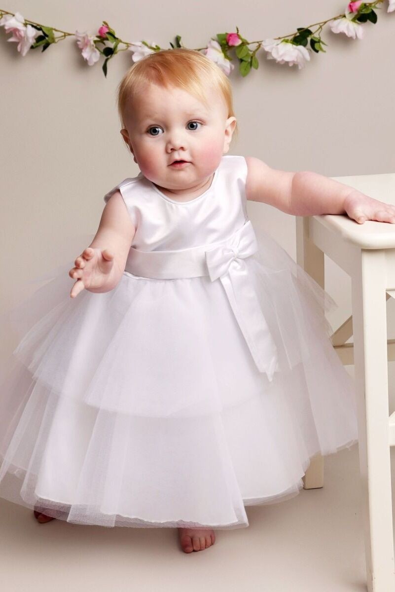 Baby Girls Christening Dress with Satin Bow - K038 - White