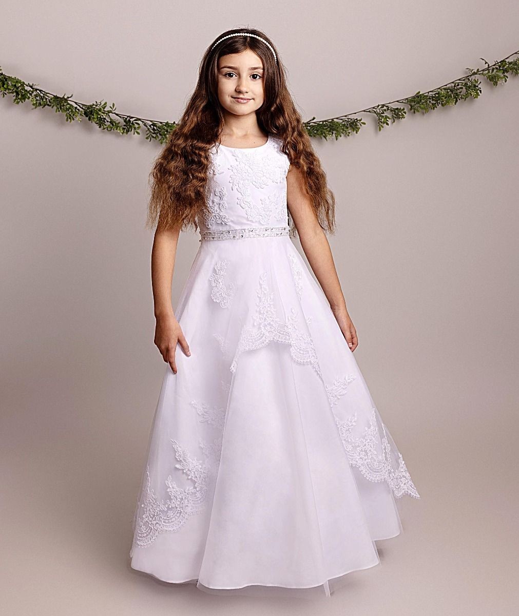 Full length Communion Girls White Embroidered Dress SIRRI