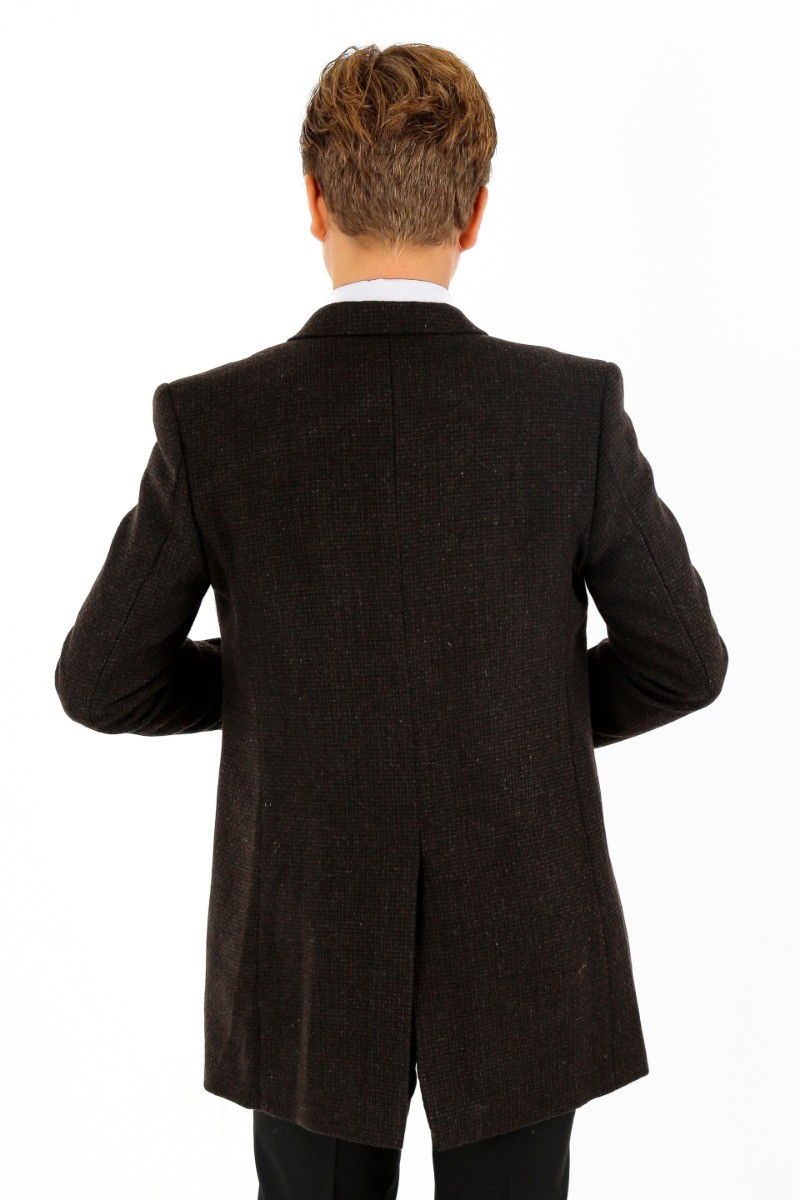 Boys Wool Tweed Patterned Midi Coat - Dark Brown