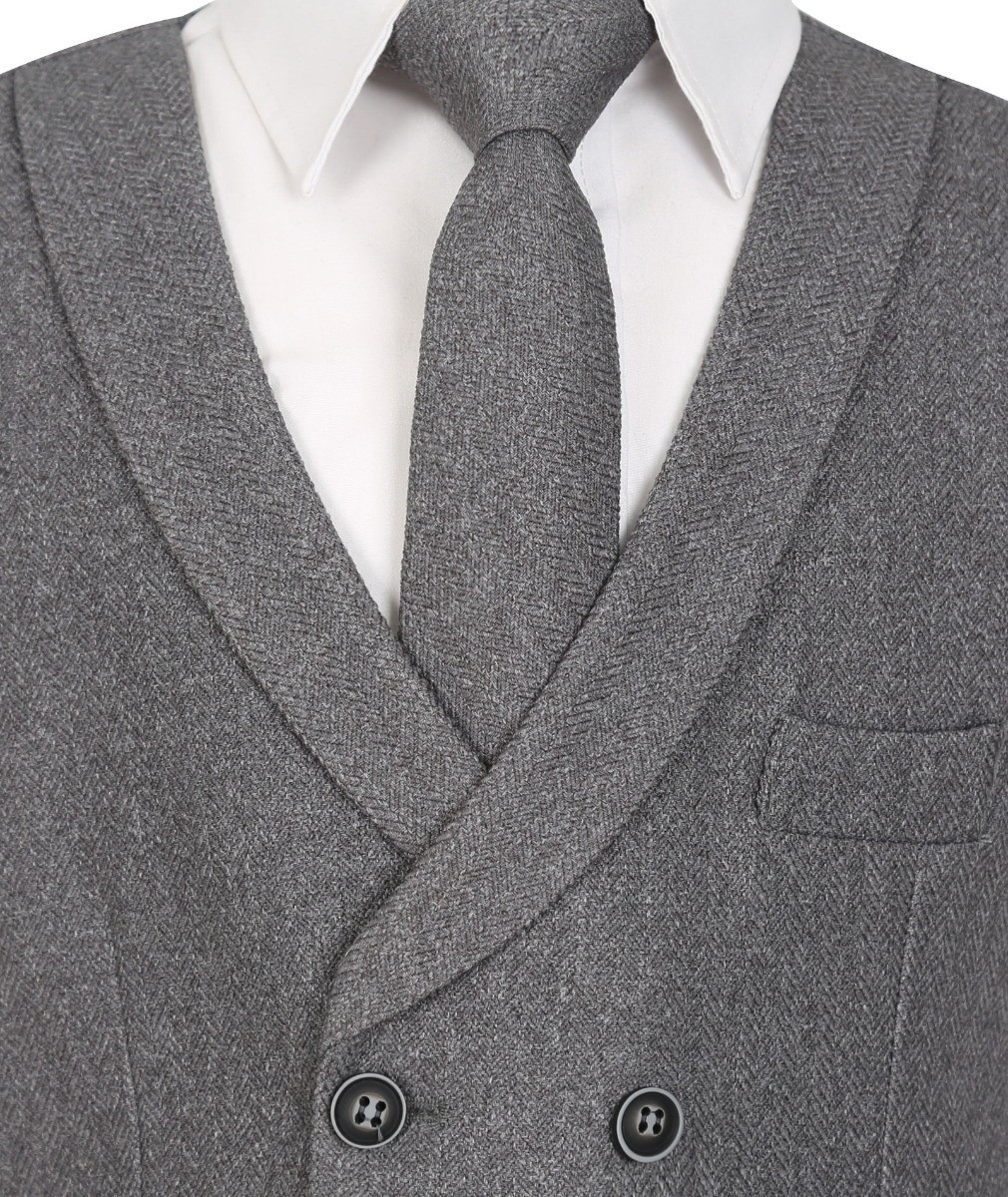 Men's and Boys Herringbone Double-breasted Waistcoat Set - Grey