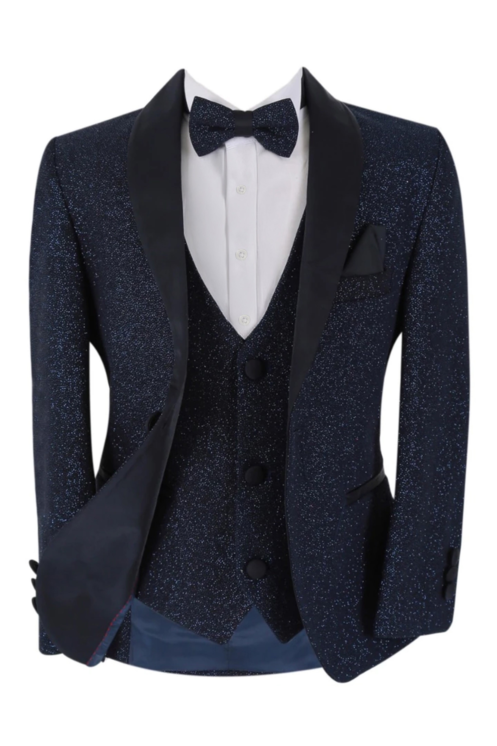 Boys Shimmer Tuxedo Dinner 6 Piece Suit Set - Navy Blue