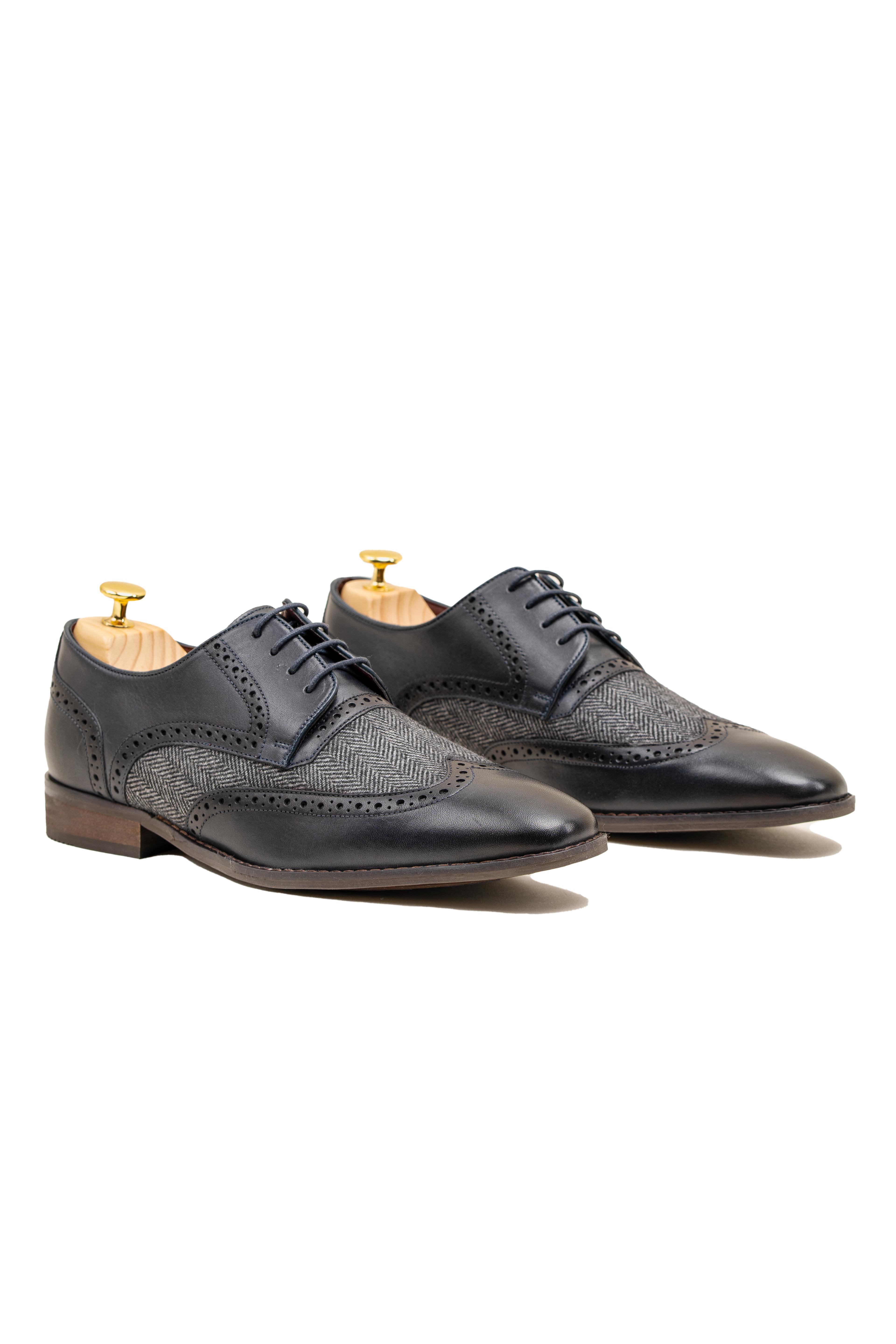 Men's Genuine Leather & Tweed Brogue Shoes - FARO - Navy Blue