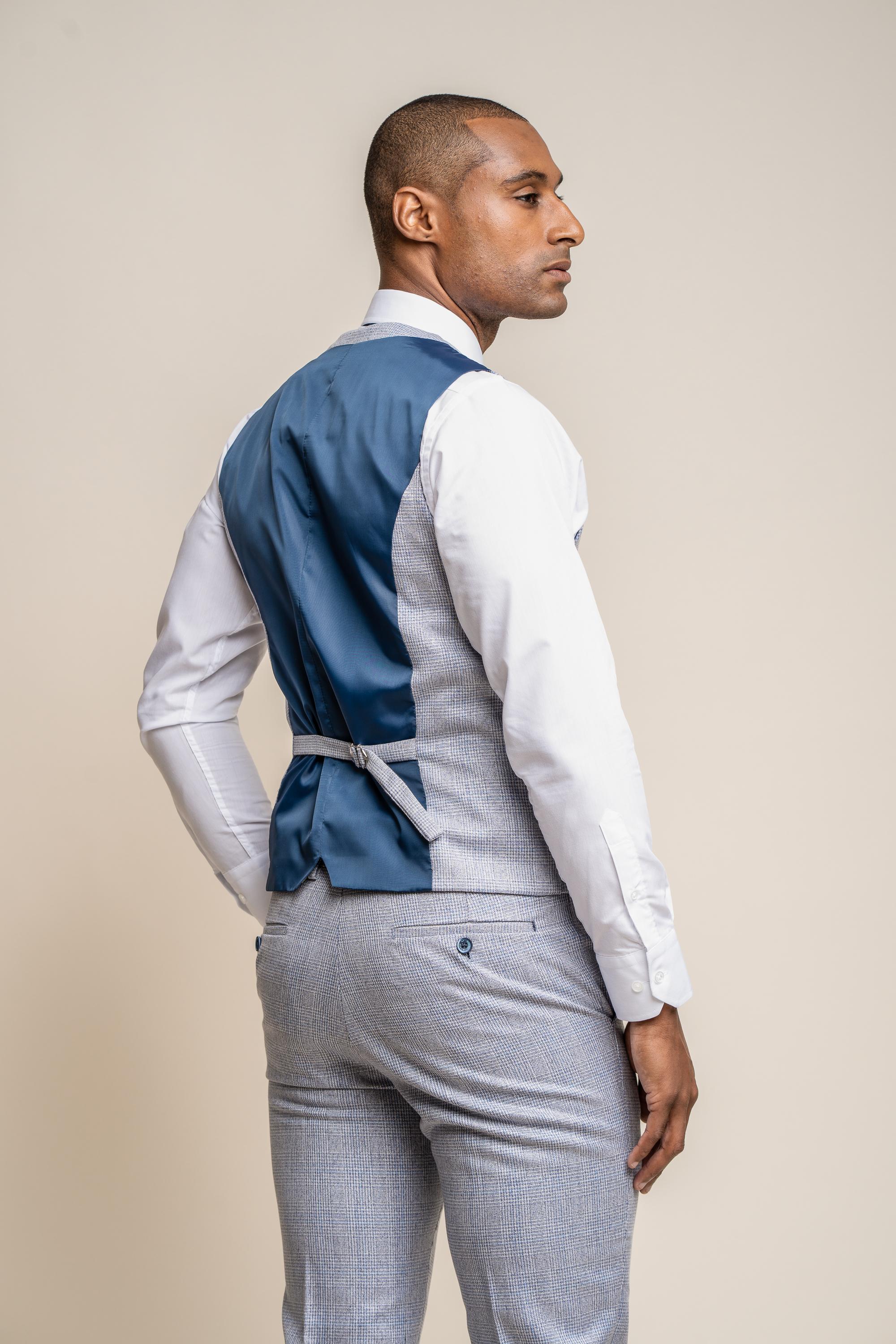 Men's Tweed Houndstooth Check Slim Fit Formal Waistcoat - CARIDI - Blue