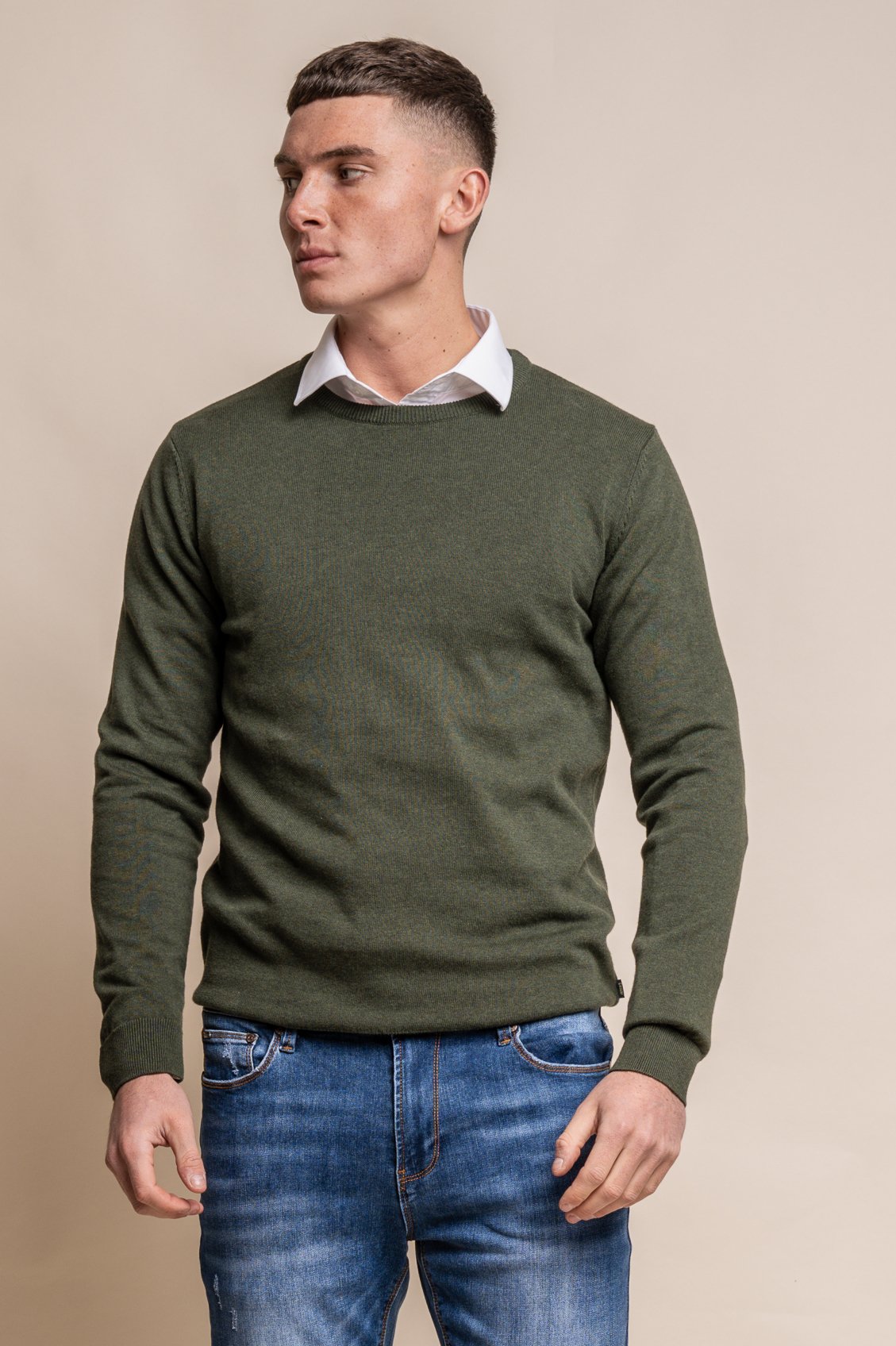 Men's Cotton Slim Fit Crewneck Jumper - Olive Green