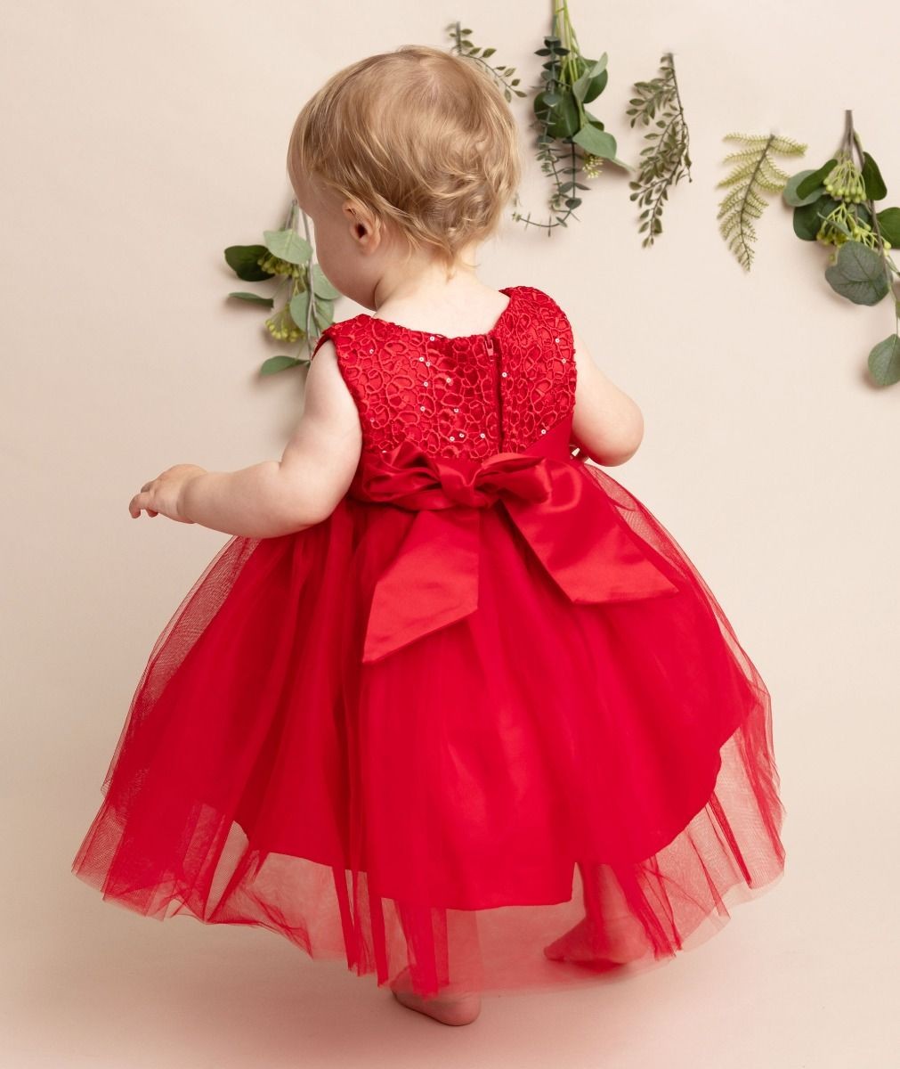 Baby Girls Dress with Floral Bodice & Bow - PC-1025 - Red