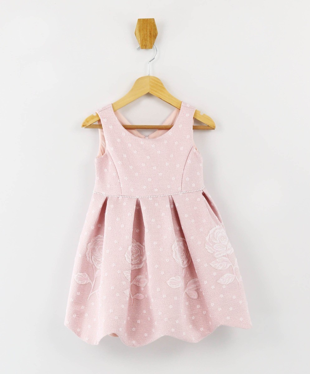 Girls Sleeveless Floral Embroidered Dress Set - Baby Pink