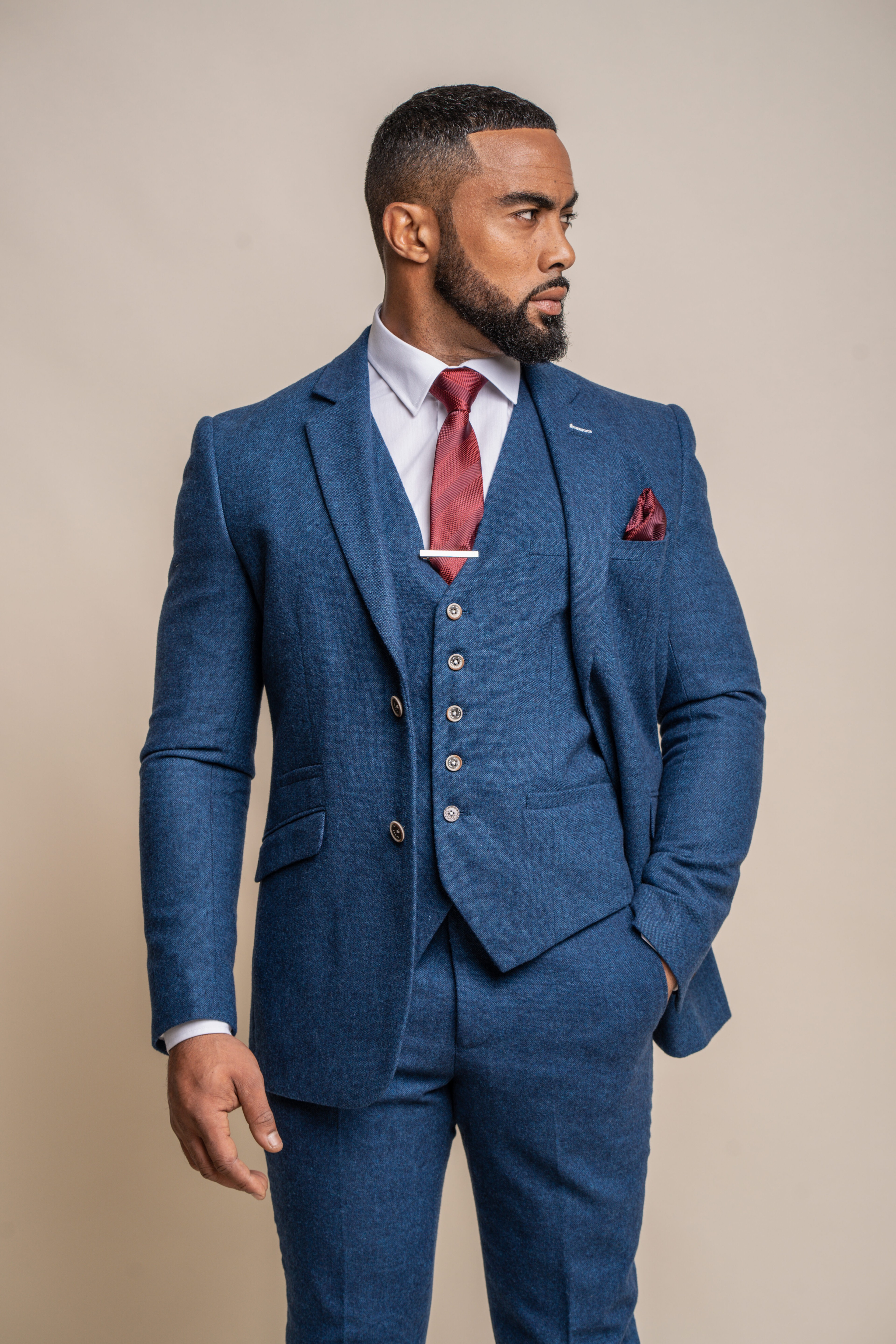 Men's Tweed Wool Slim Fit Formal Blue Suit - ORSON