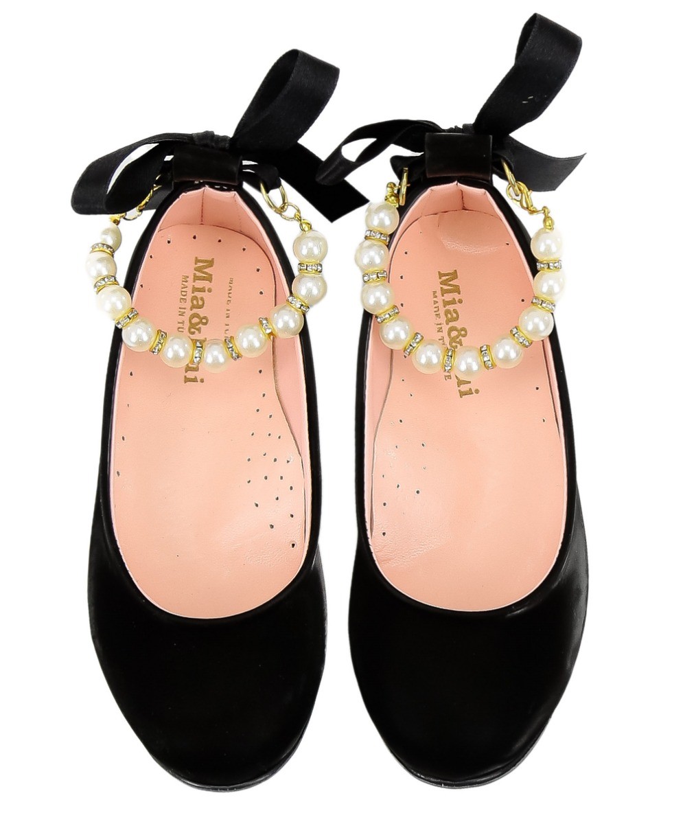 Girls Pearls Flat Mary Jane Shoes - ISABEL - Black