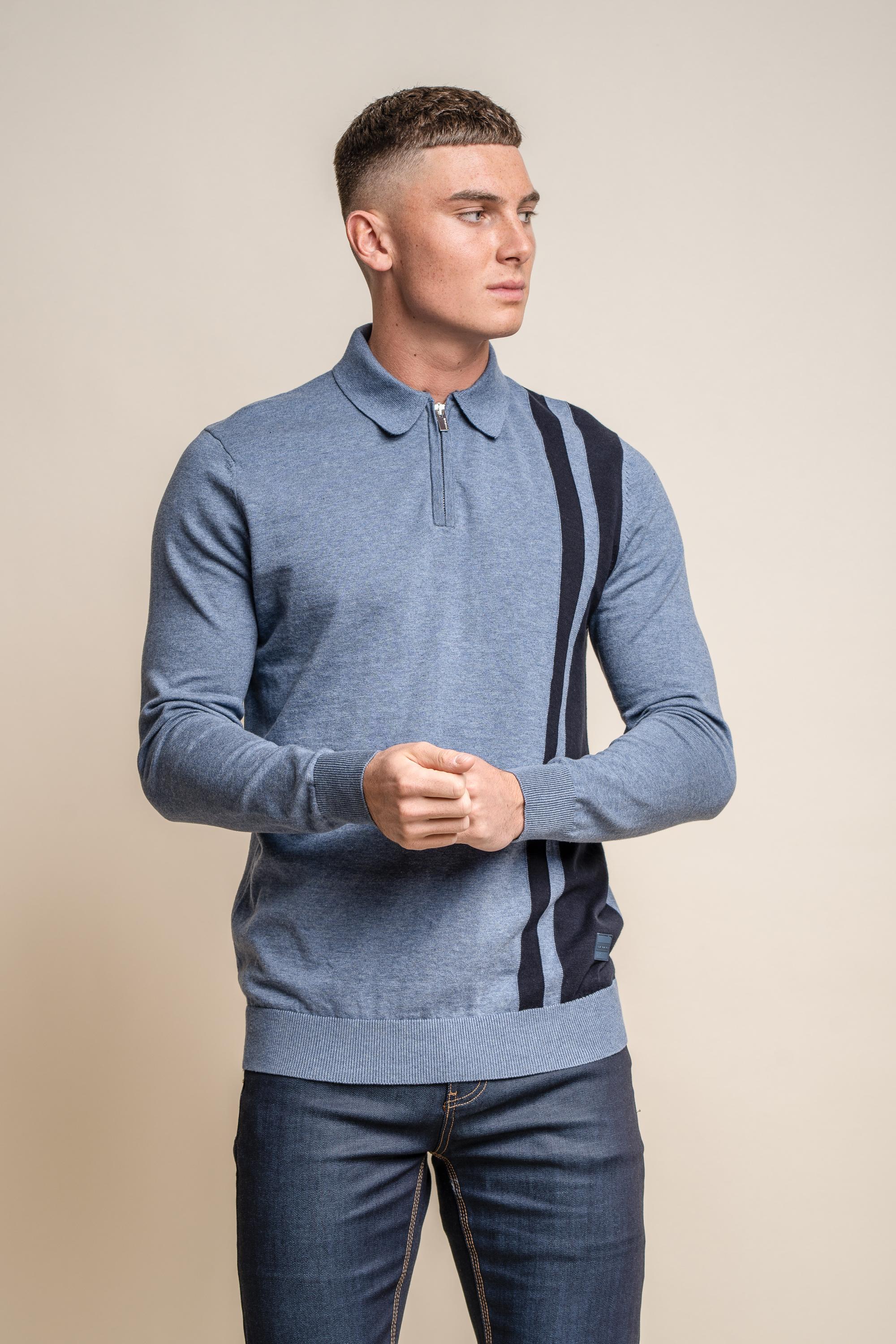 Men's Cotton Polo Side Stripe Jumper- DIABLO - Mid Blue