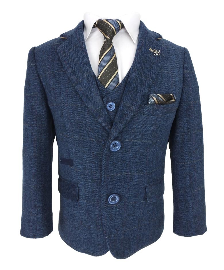 Boys Slim Fit Herringbone Tweed Blue Suit - CARNEGI