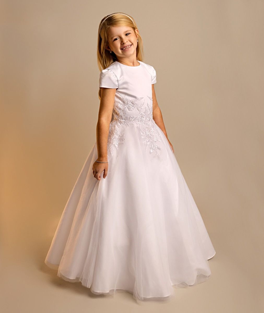 Girls’ White Floral Embroidered Communion Dress - Elodie