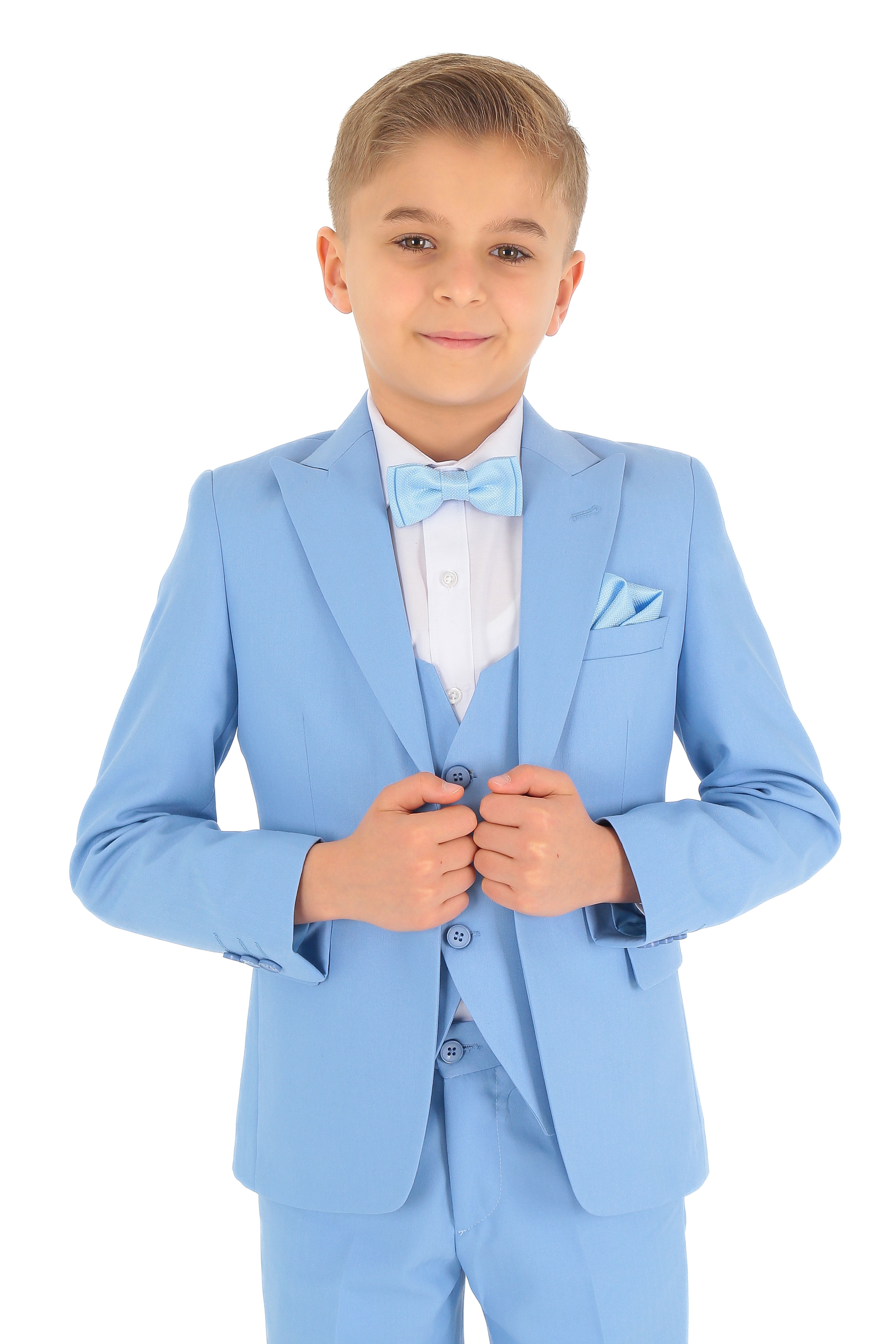 Boys Slim Fit Herringbone 8 Piece Suit Set - KING - Sky Blue