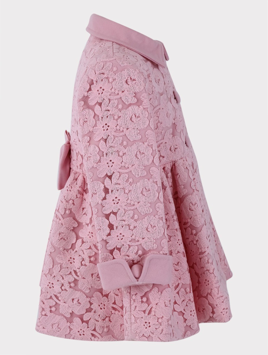 Girls Coat Floral Embroidered Lace 2 Piece Set - Pink
