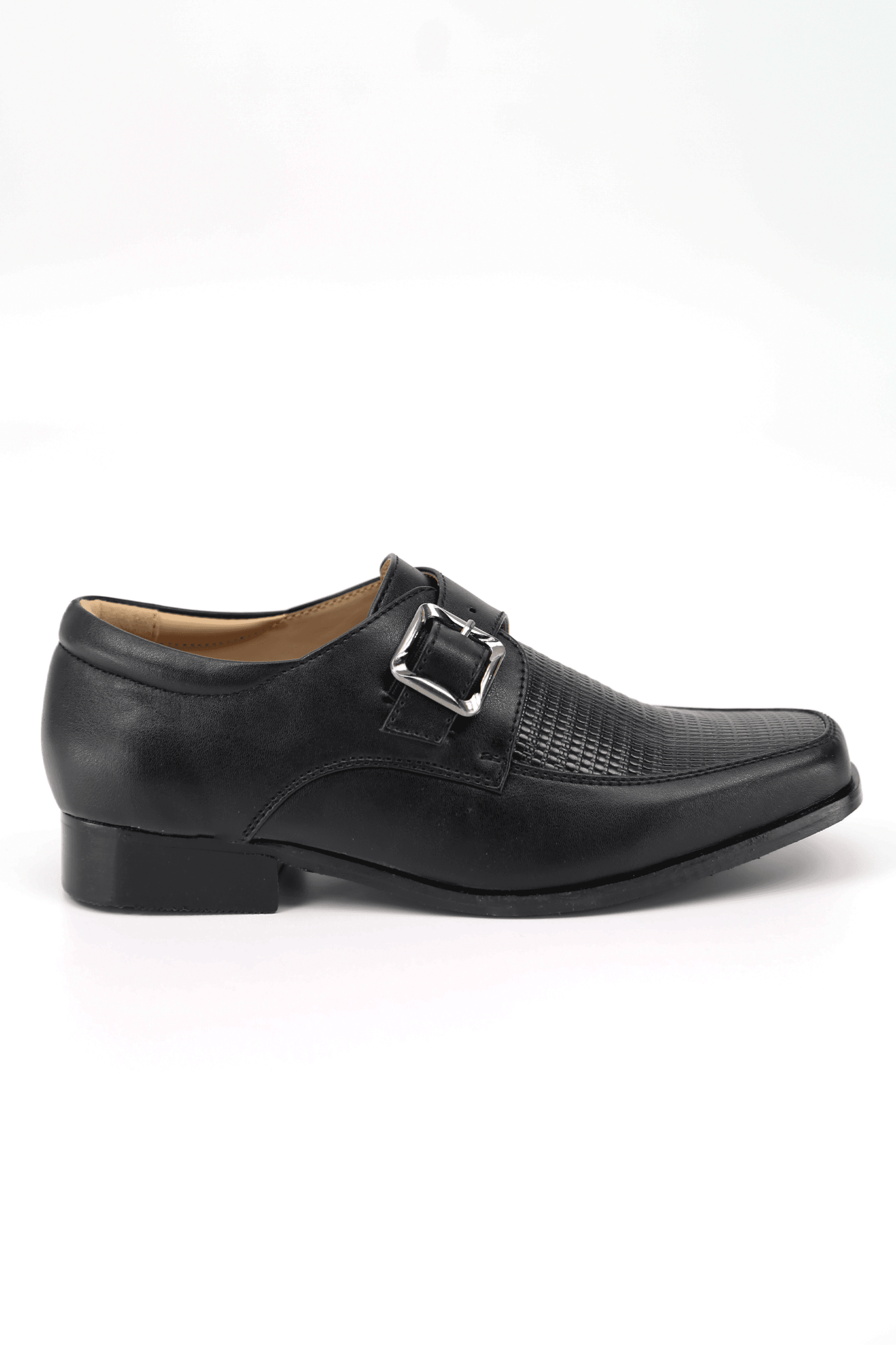 Boys Textured Leather Buckled Monk Shoes - Black