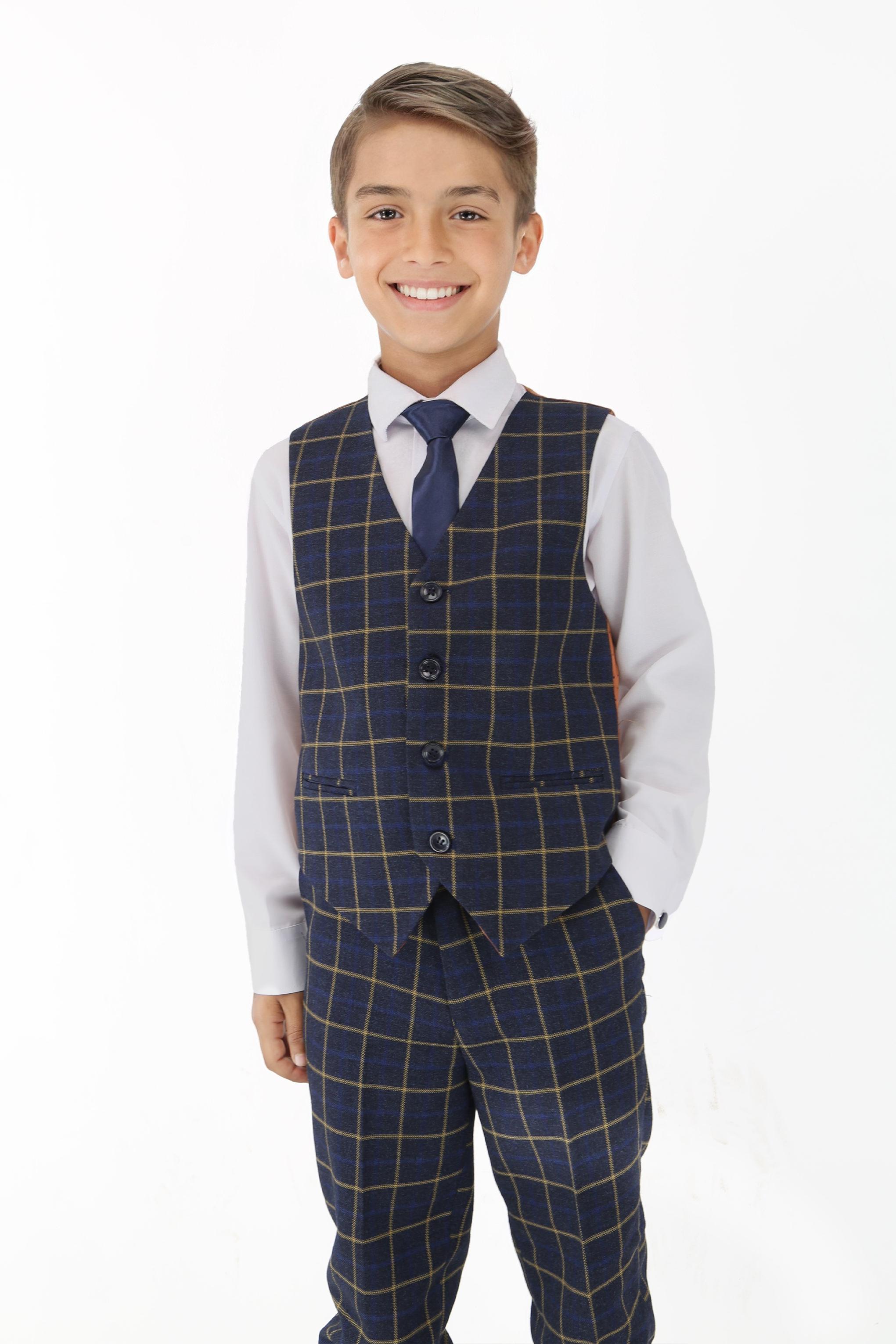 Boys Navy Blue Retro Check Suit