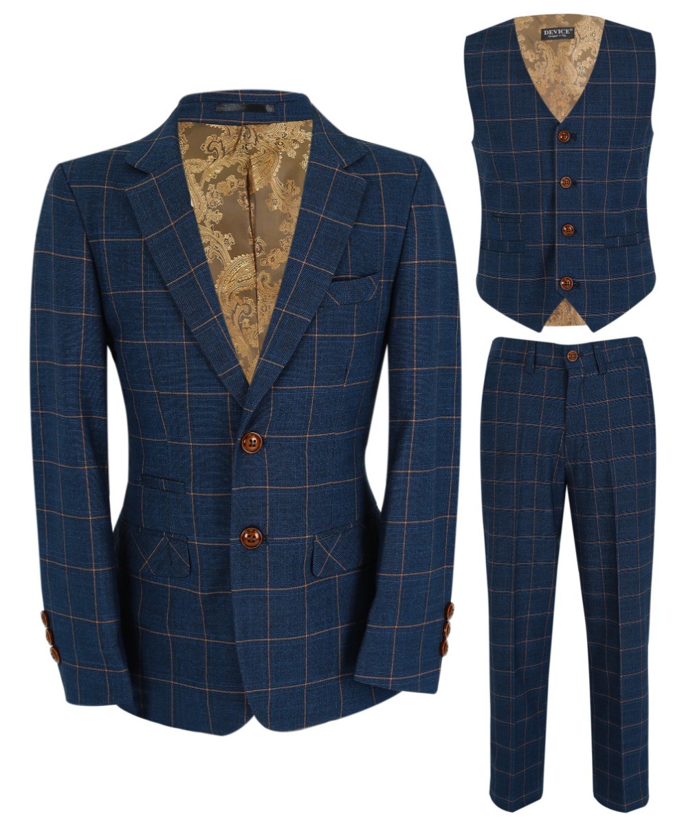 Men's Tailored Fit Windowpane Check Suit - HAMLEYS - Cornflower Blue