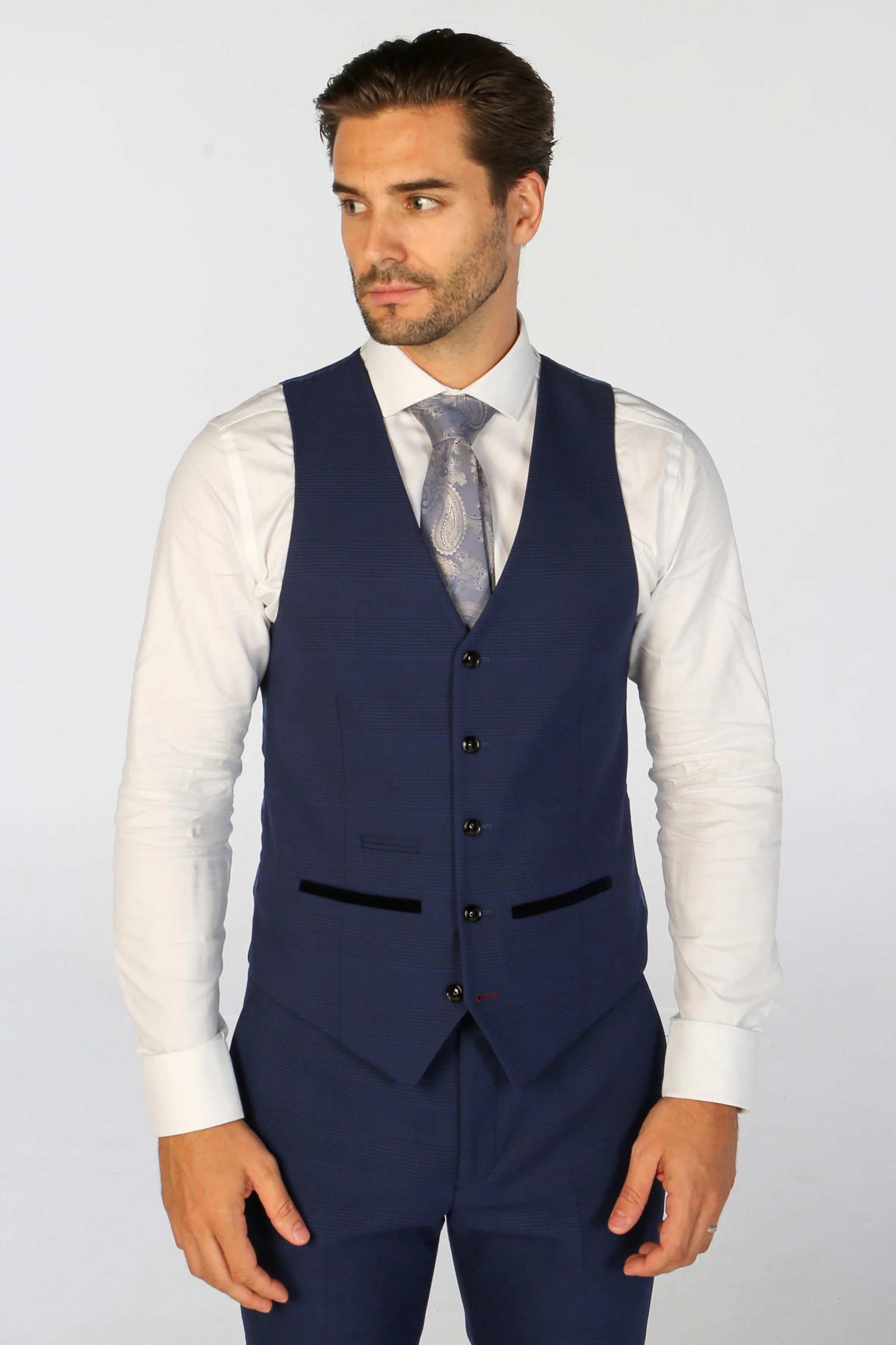 Men's Tailored Fit Navy Blue Check Suit - MARK