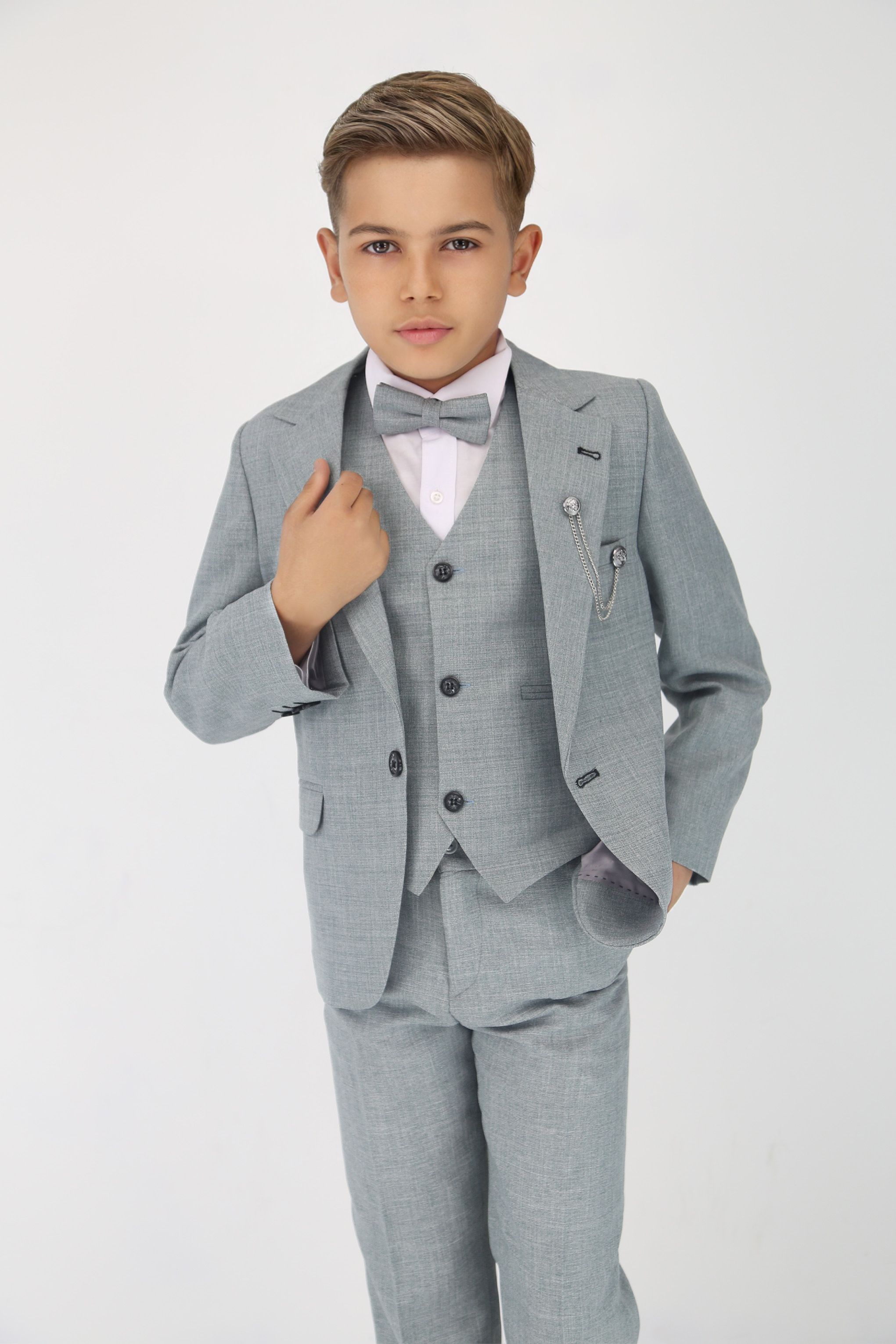 Boys Slim Fit Textured 6-Piece Formal Suit Set - Grey