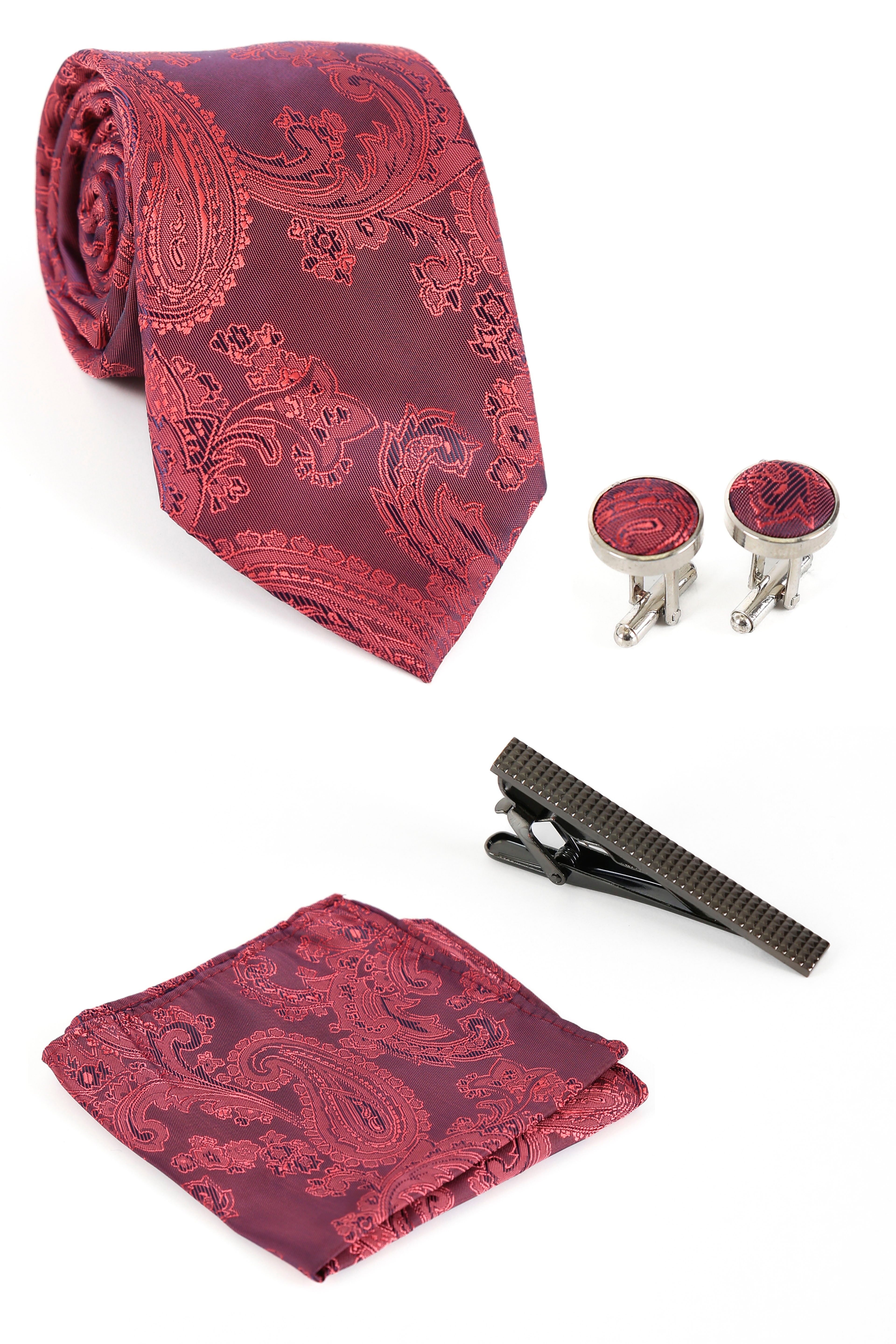 Men's Paisley Tie Cufflink Set - Burgundy