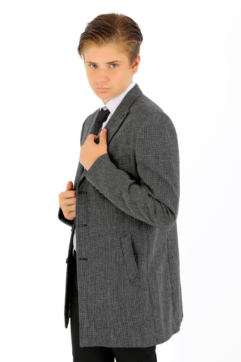 Boys Wool Birdseye Tweed Slim Fit Midi Coat - Grey