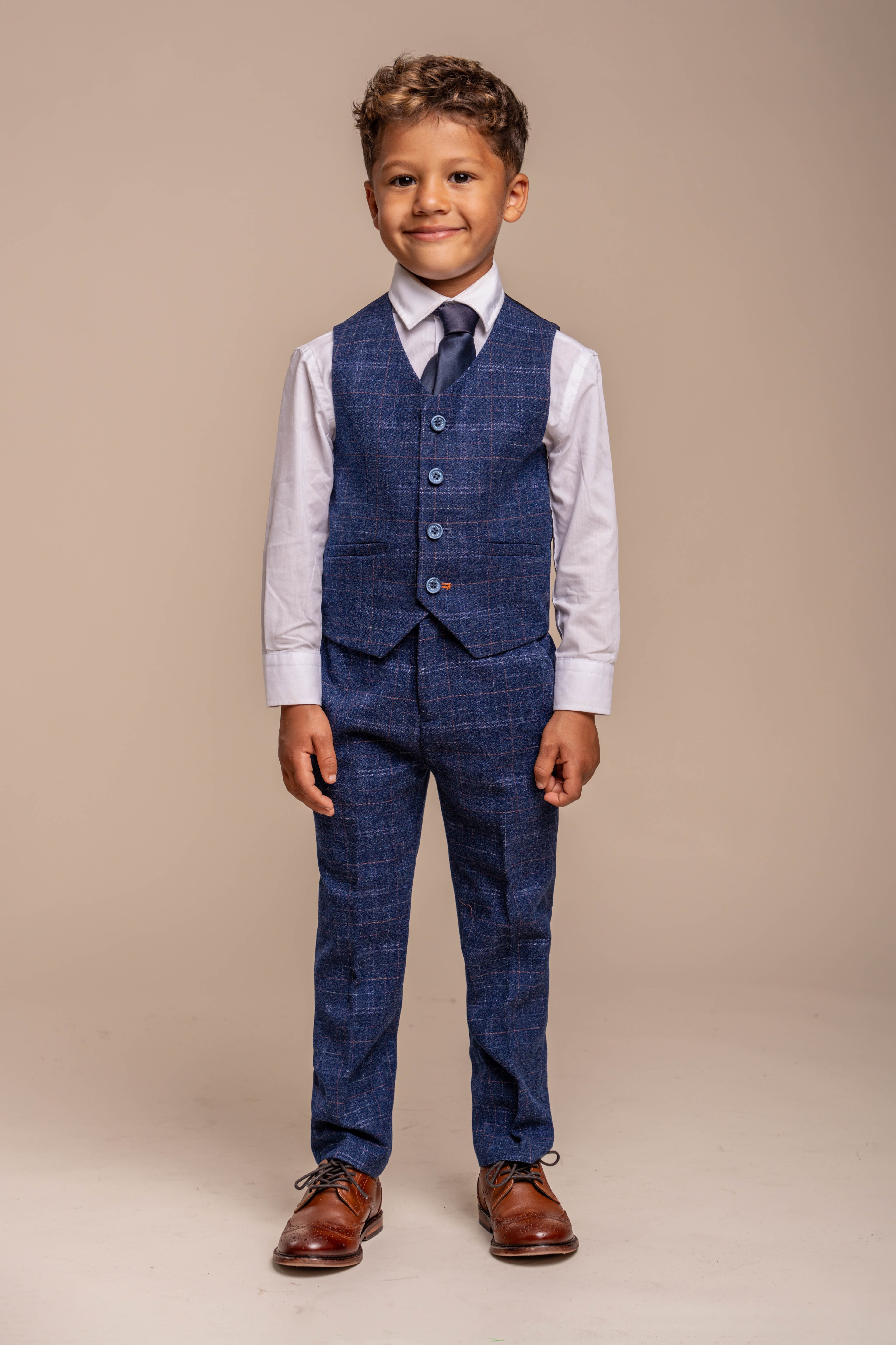Boys Tweed Check Navy Slim Fit Suit - KAISER - Navy Blue