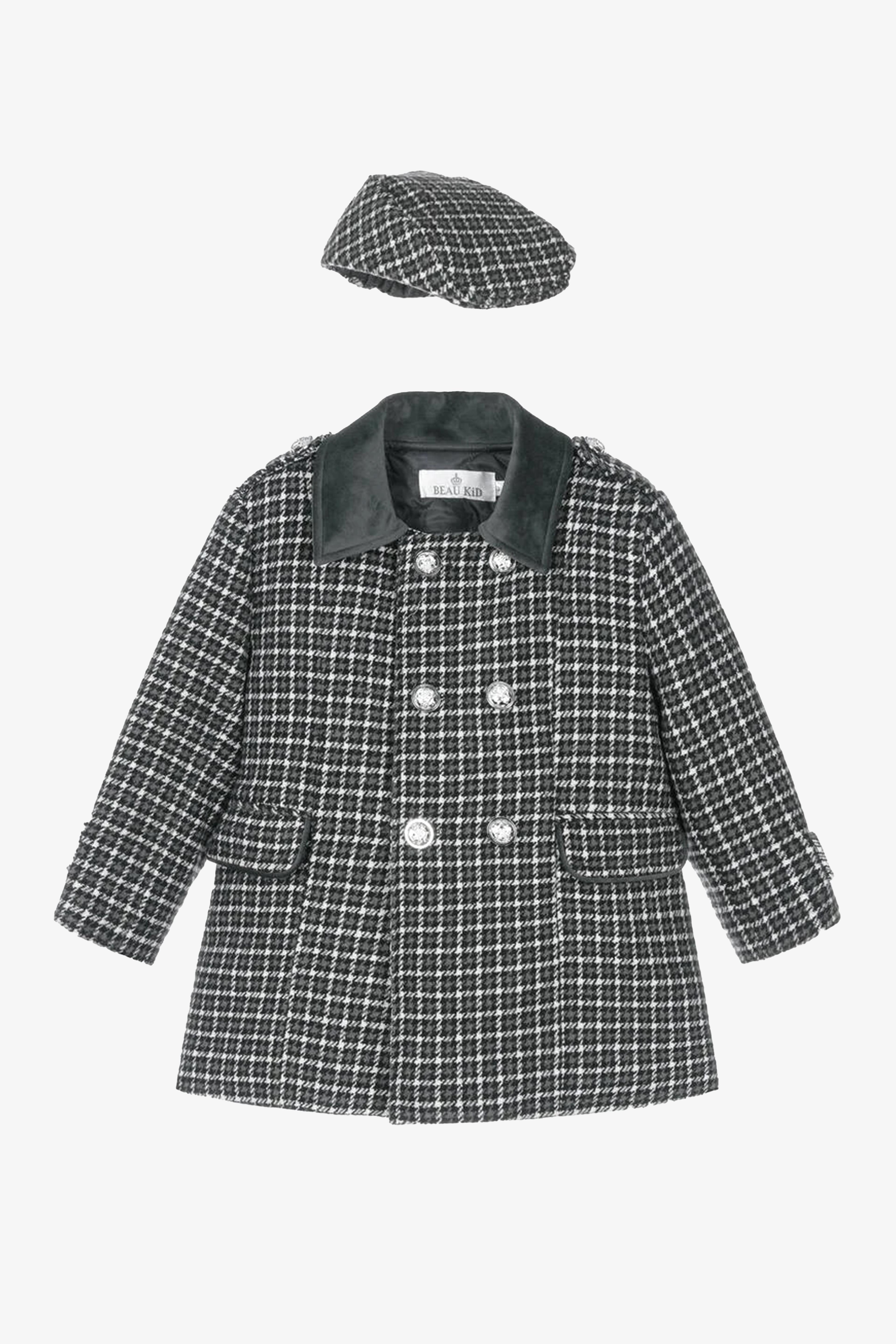 Boys Tweed Houndstooth Pea Coat with Matching Cap