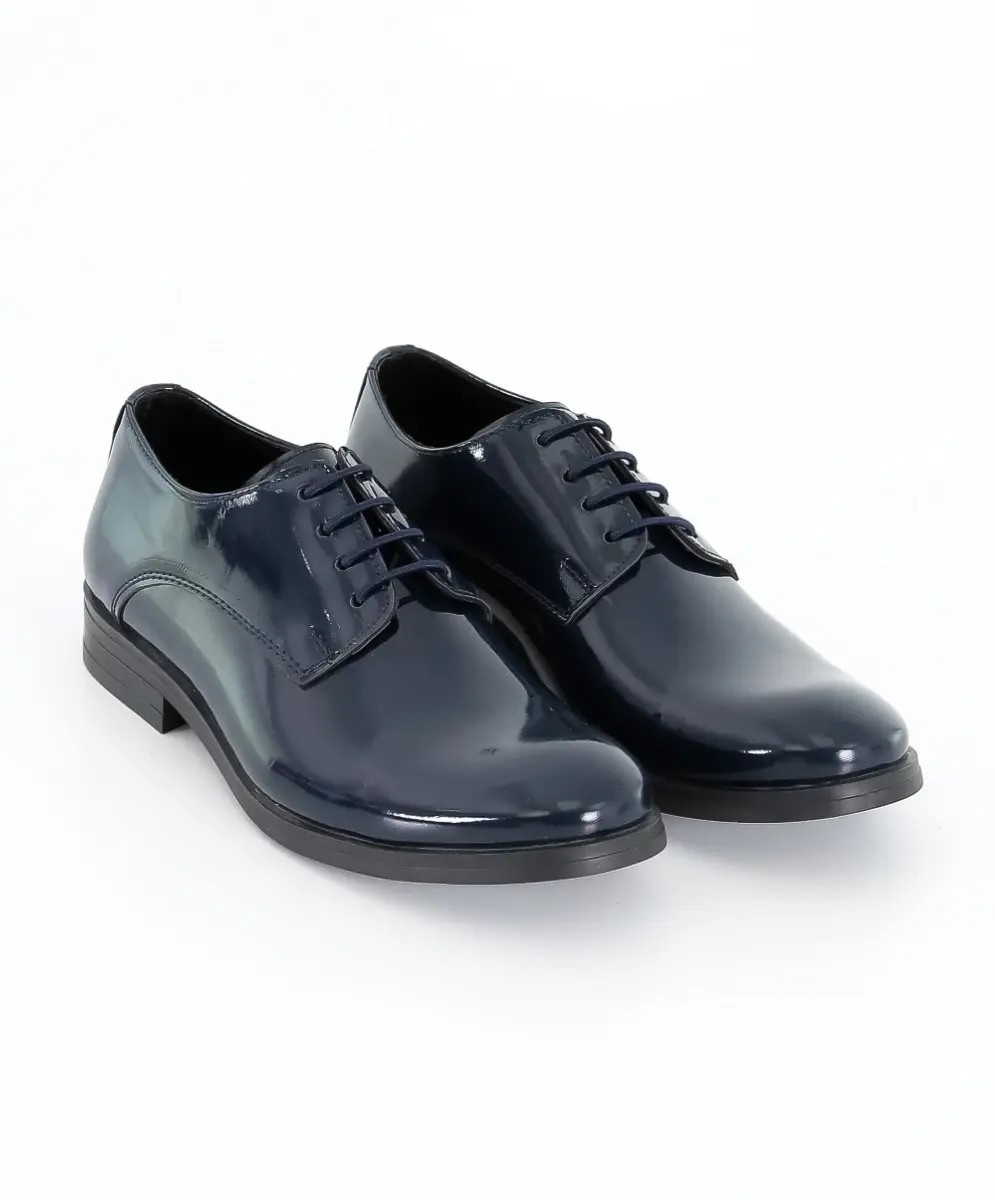 Boys Derby Patent Lace Up Formal Shoes - Navy Blue