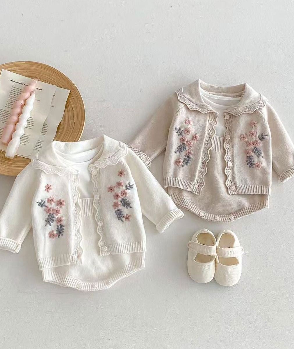 Baby Girls’ Knit Suspender Romper & Embroidered Cardigan Set - 2421 - Sand Beige