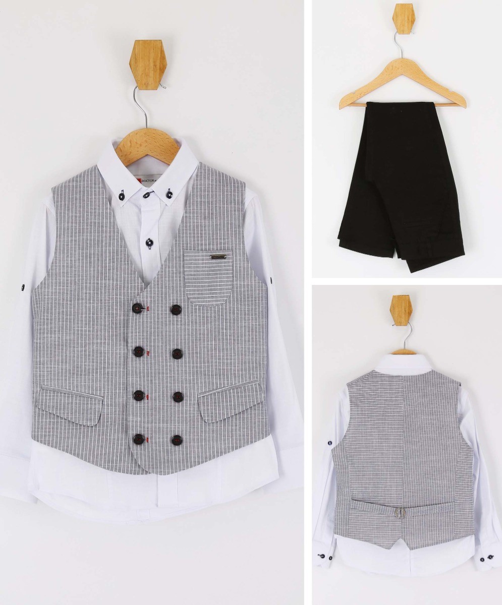 Boys Cotton Linen Pinstrip Waistcoat Suit Set - Grey