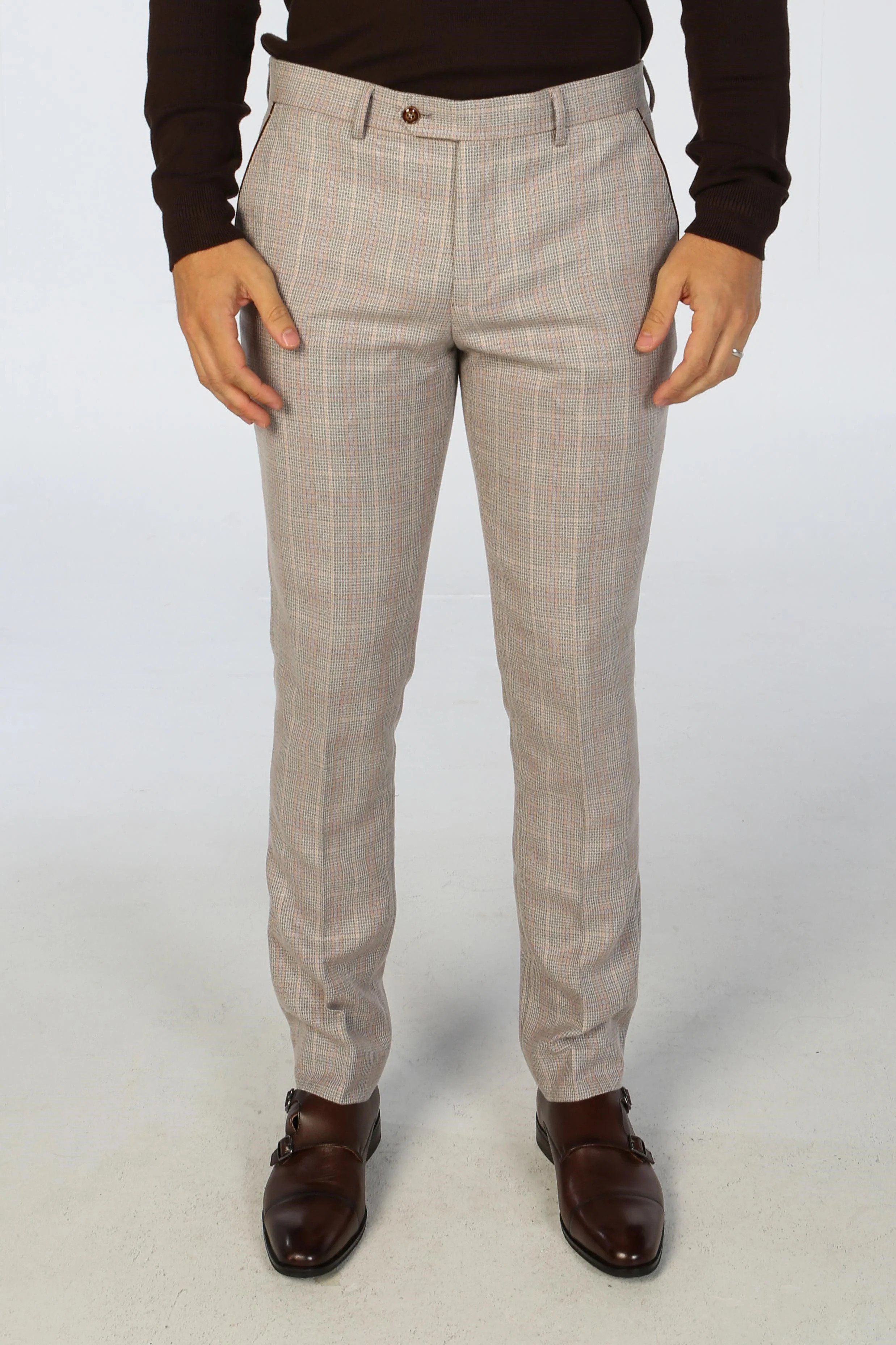 Men’s Tailored Fit Check Trousers – LEO - Beige