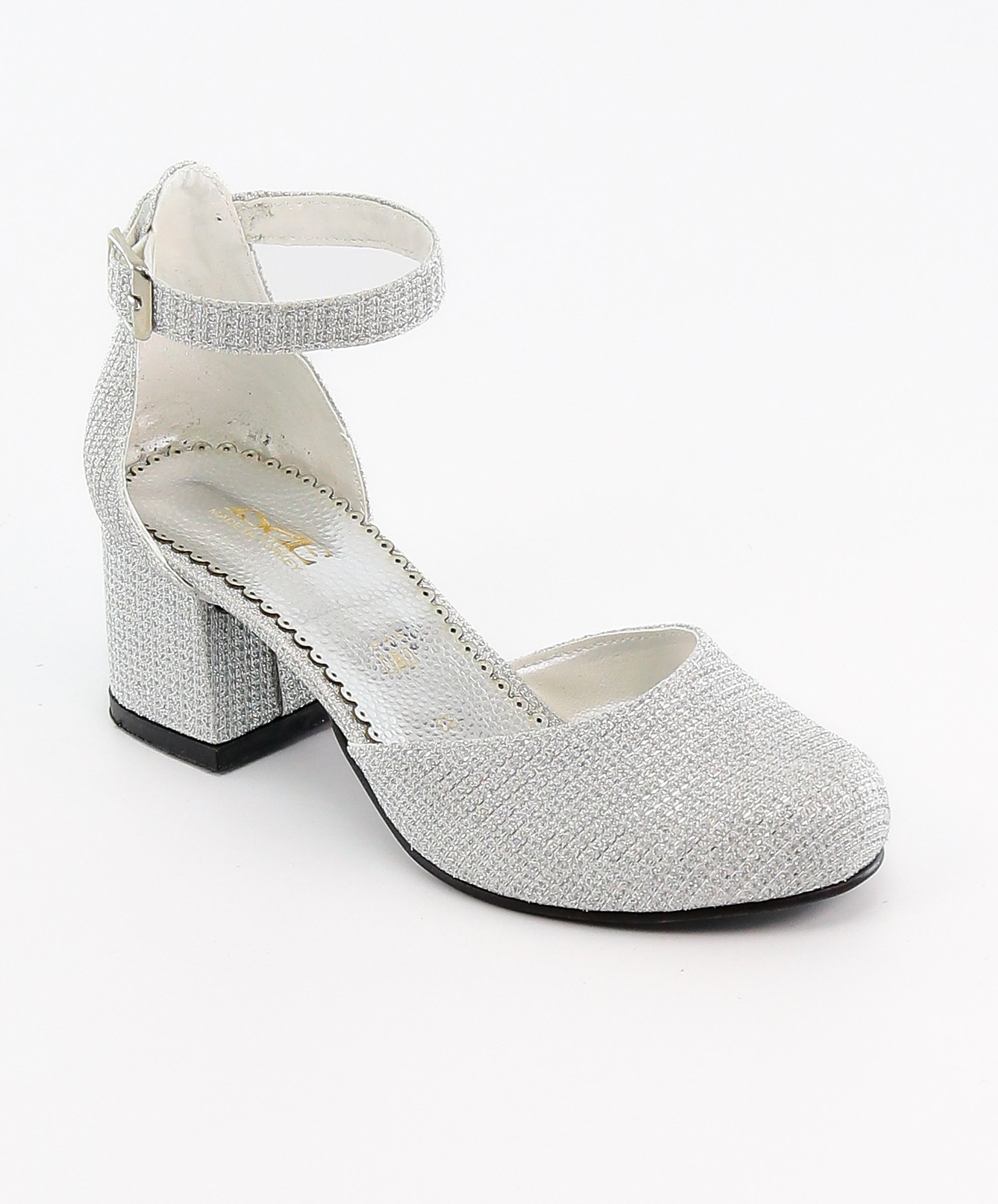 Girls Communion Block Heel Ankle Strap Dress Shoes - Silver