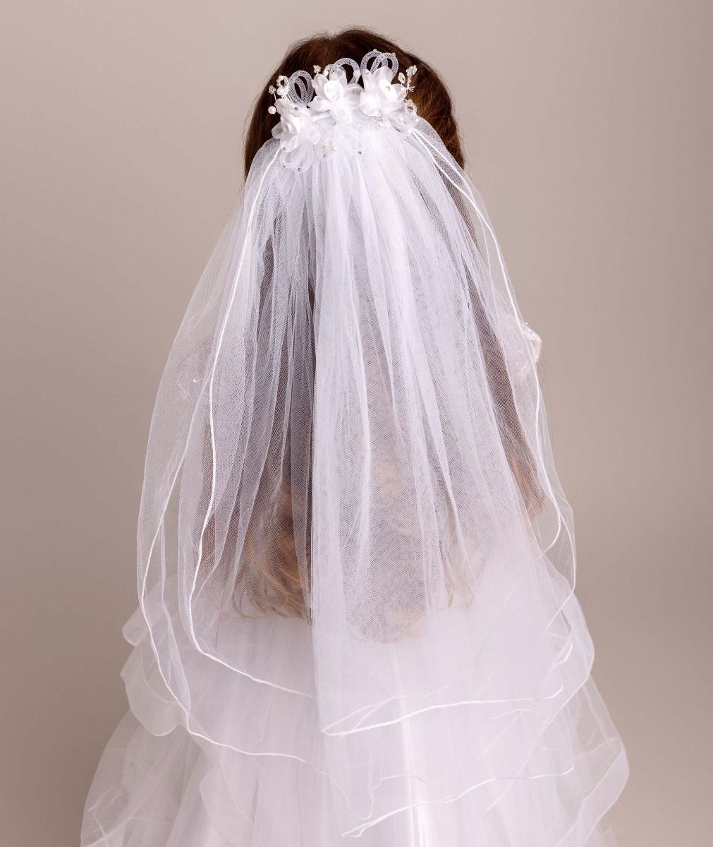 Girls White Floral & Pearl Tulle Veil - CMV-2331