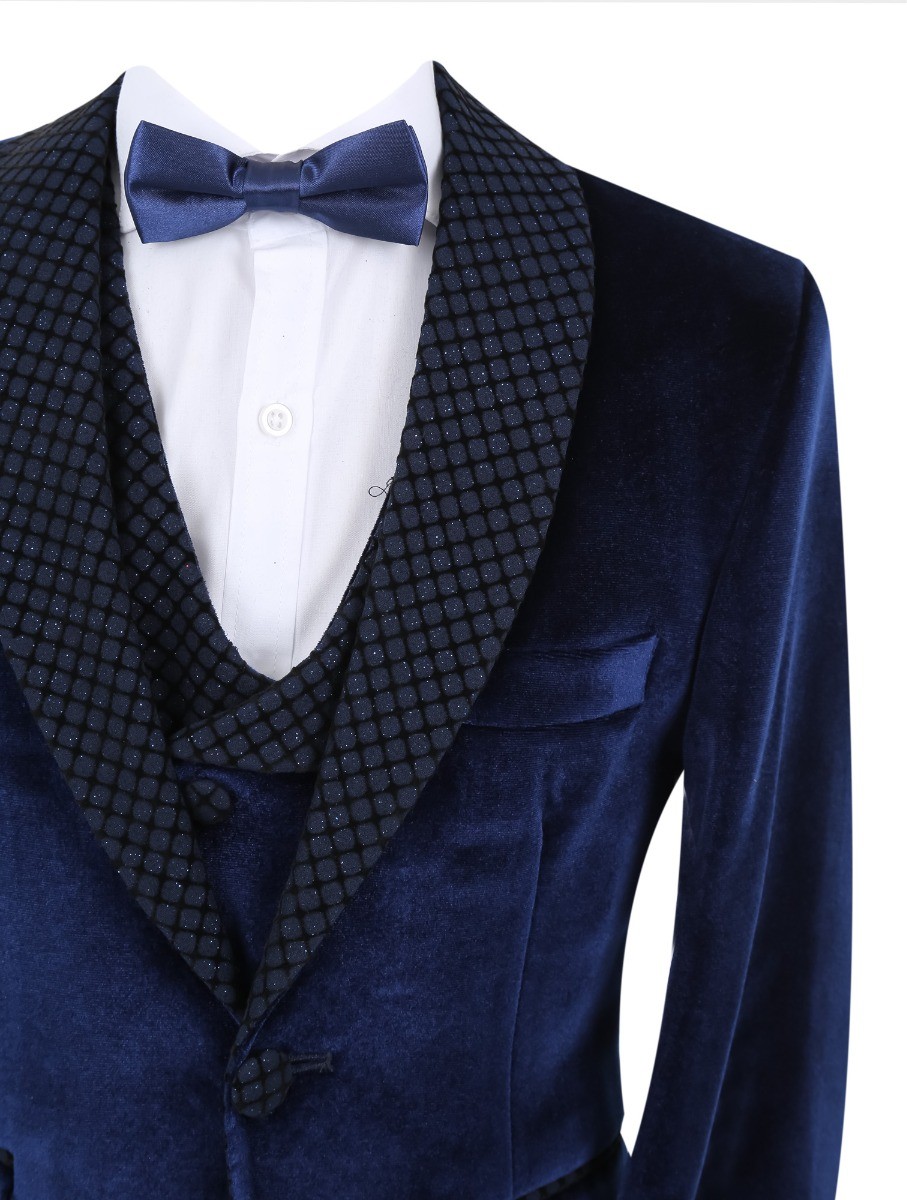 Boys Velvet Slim Fit Tuxedo Dinner Suit - Navy Blue