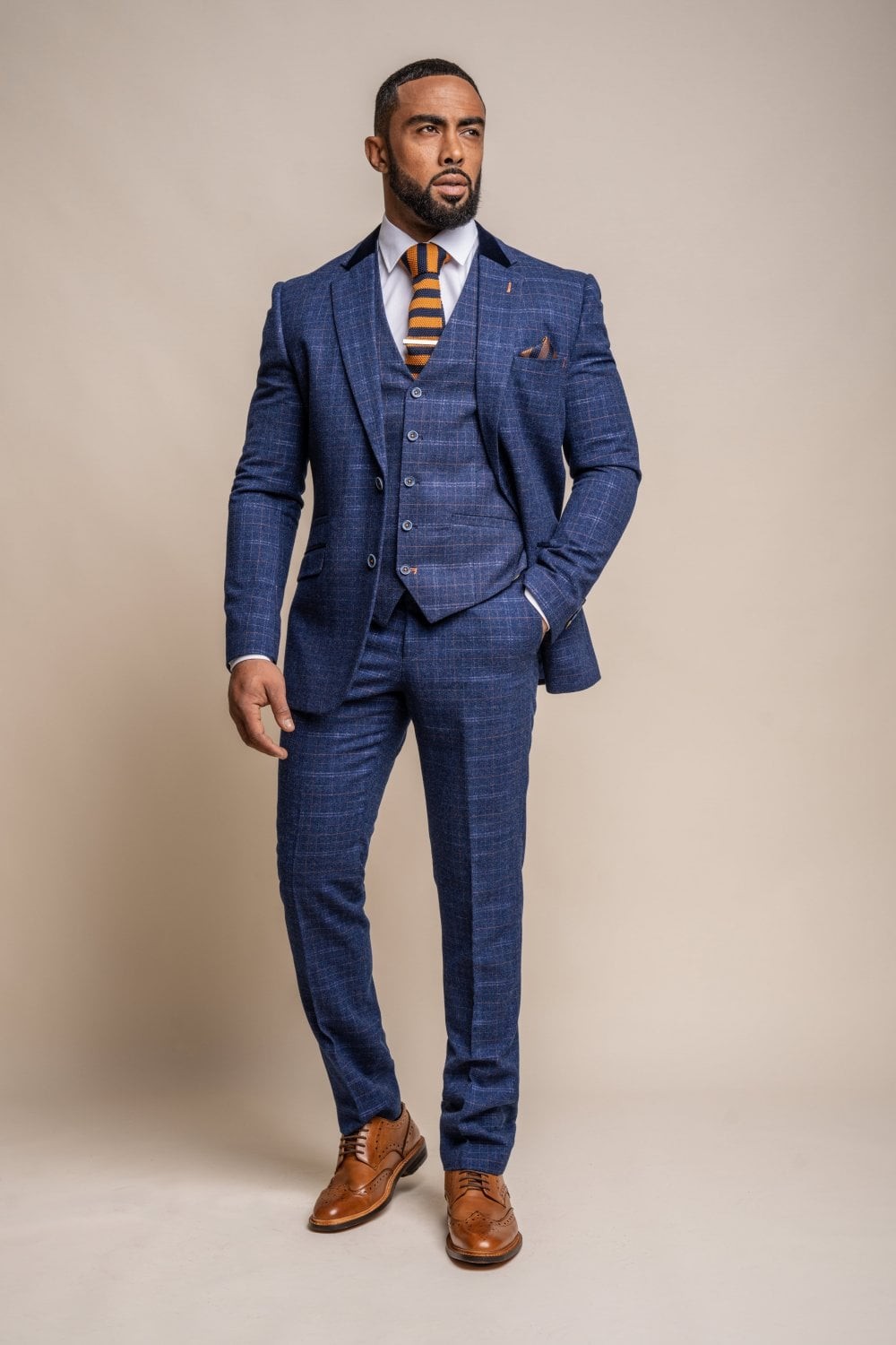 Men's Tweed Check Navy Slim Fit Suit - KAISER