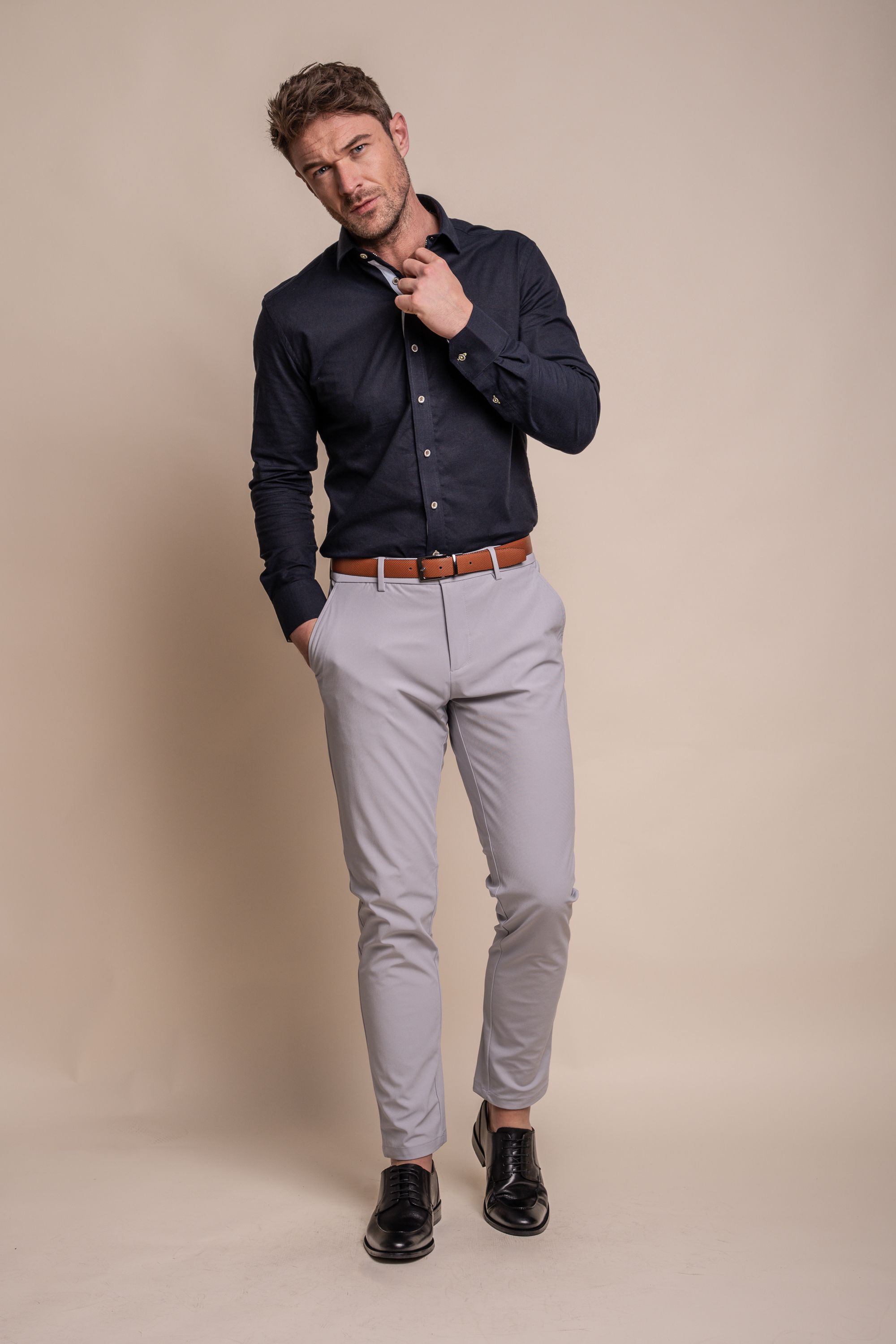 Men's Long Sleeves Linen Shirt - JORDI - Navy Blue