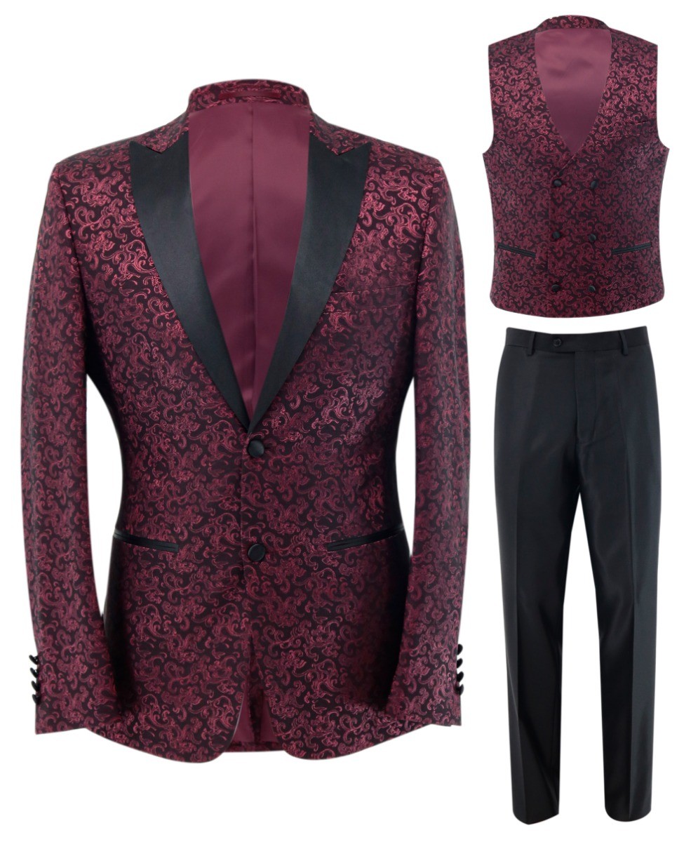 Men's Patterned Shimmer Burgundy Tuxedo Suit - AARON