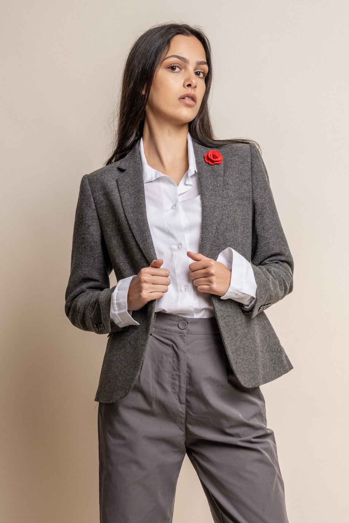 Women's Slim Fit Herringbone Grey Blazer  - Martez - Grey