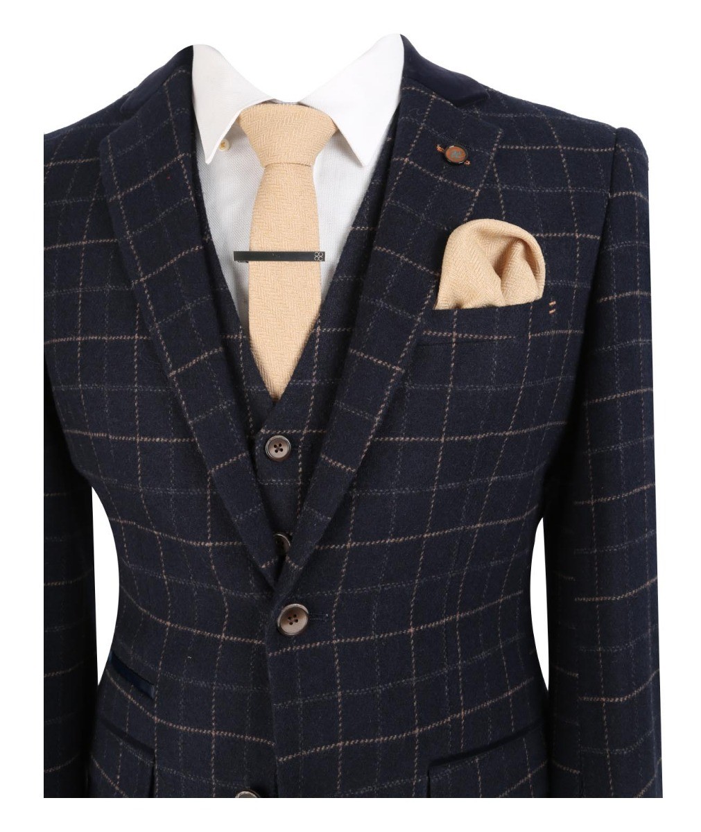 Men's Tweed Check Slim Fit Navy Suit Jacket- SHELBY