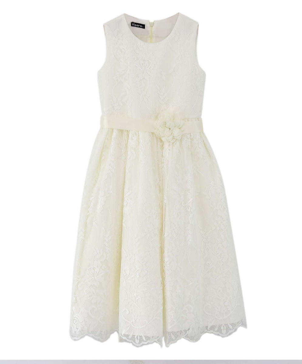 Girls Sleeveless Lace Embroidered Dress - Ivory