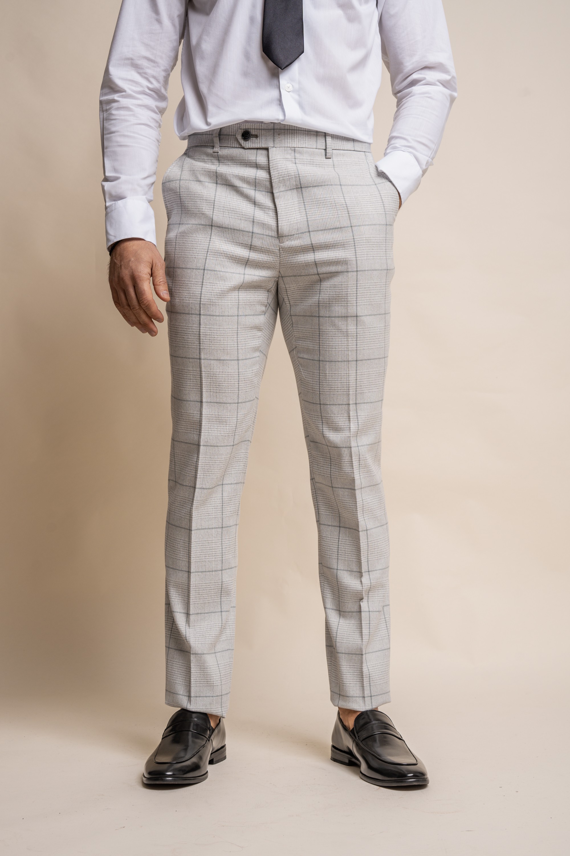 Men's Retro Check Grey Trousers - RADIKA - Light Grey