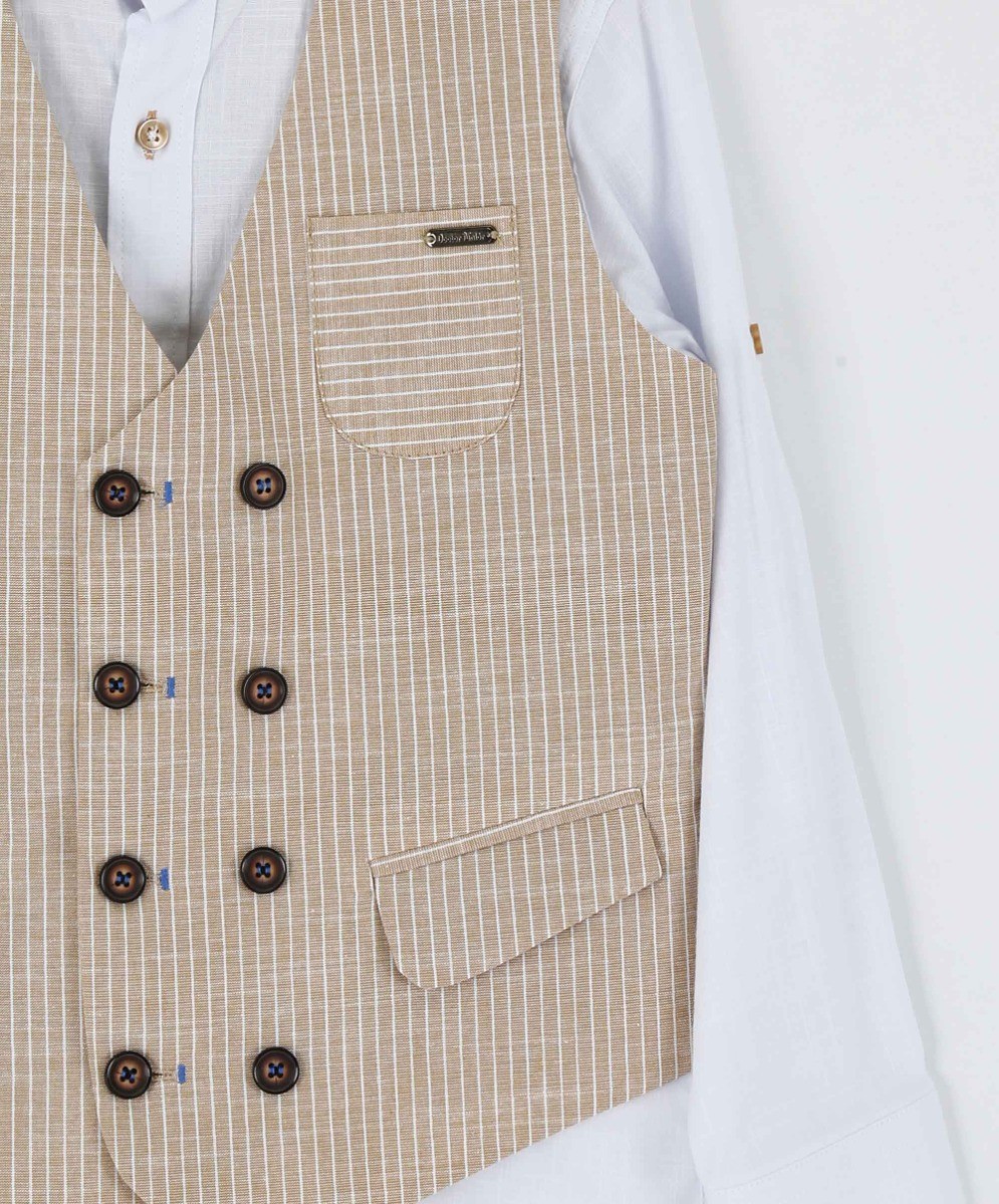 Boys Cotton Linen Pinstrip Waistcoat Suit Set - Beige
