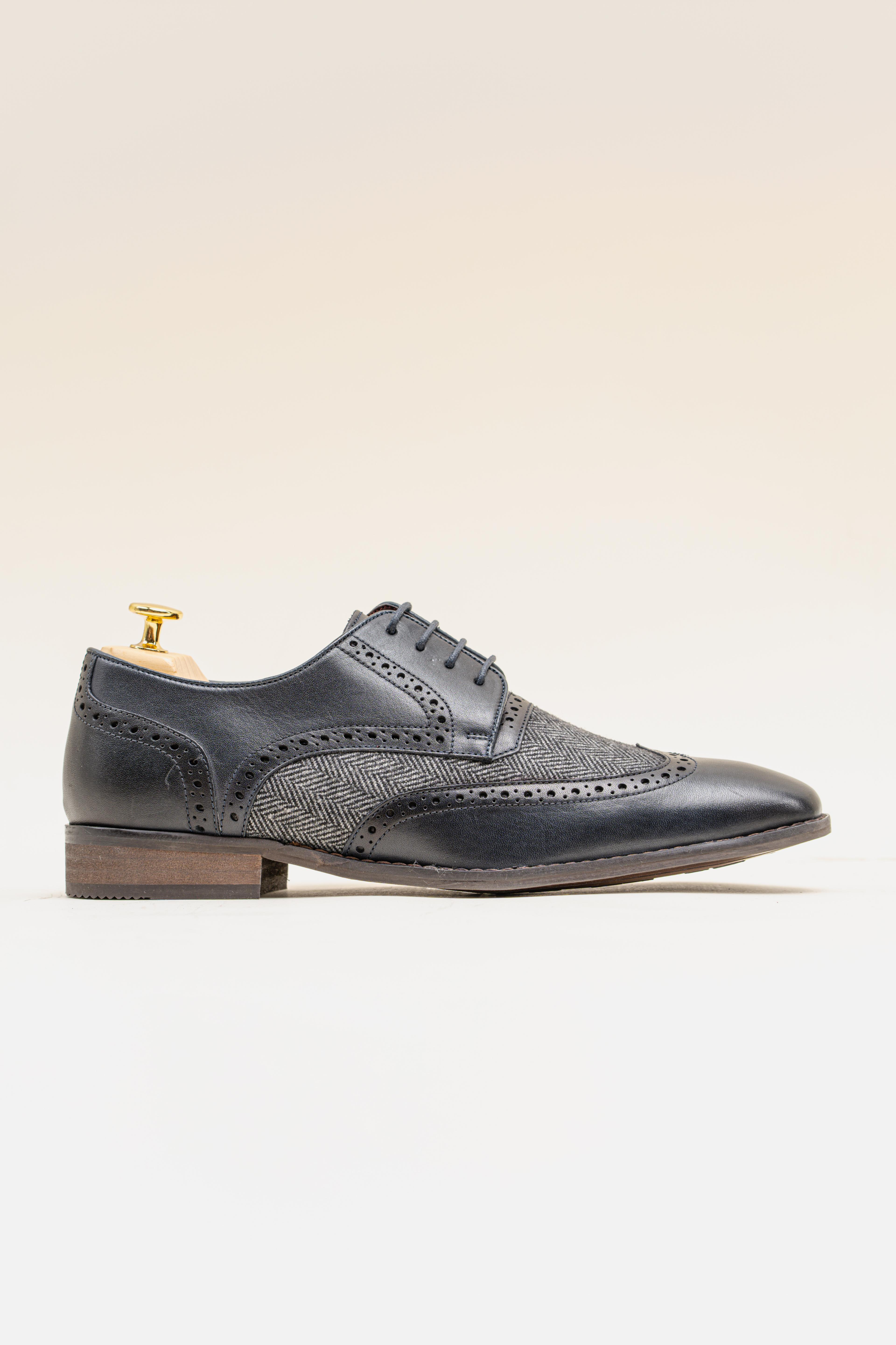 Men's Genuine Leather & Tweed Brogue Shoes - FARO - Navy Blue