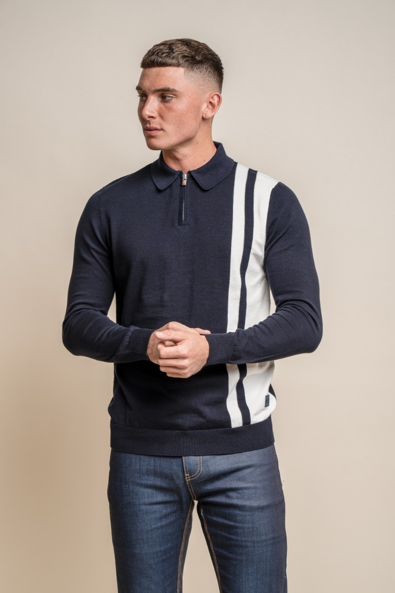 Men's Cotton Polo Side Stripe Jumper- DIABLO - Navy Blue