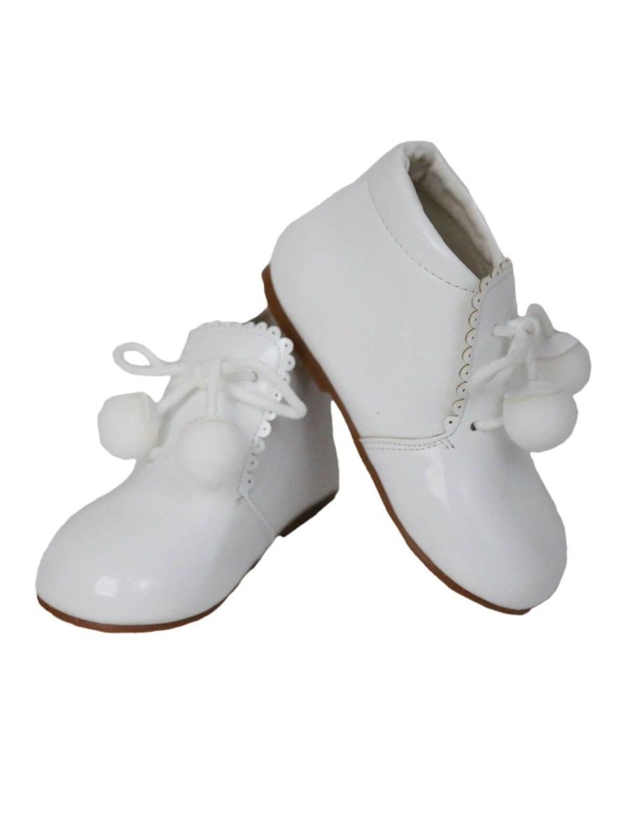 Baby Girls Pom Pom Patent Booties - White