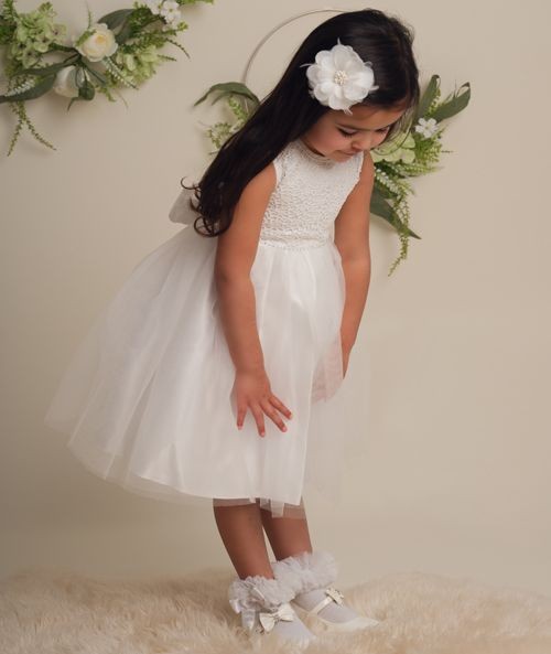 Flower Girl Dress with Lace & Bow - ROSE
