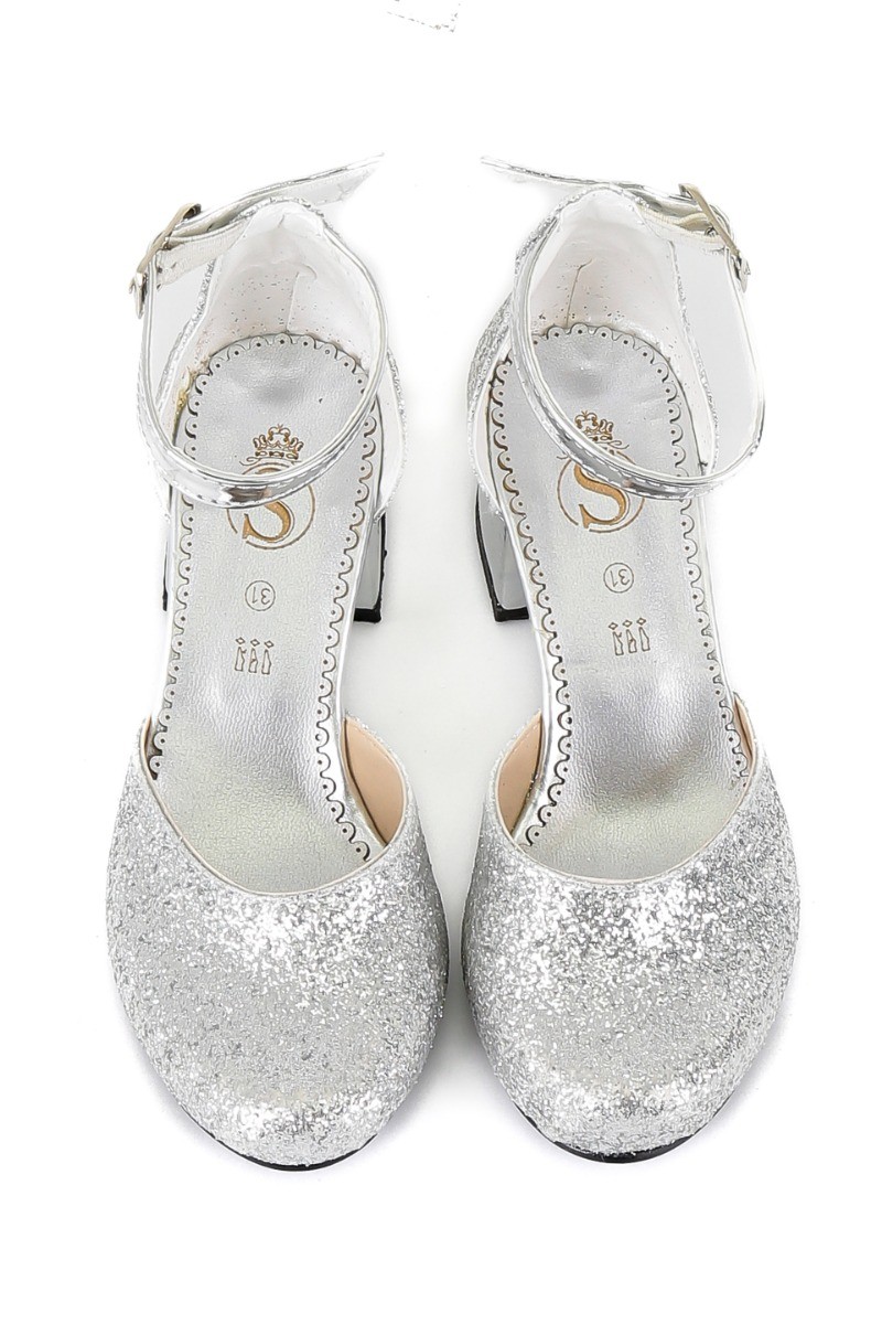 Girls Glittery Mary Janes Block Heel Silver Shoes - Silver