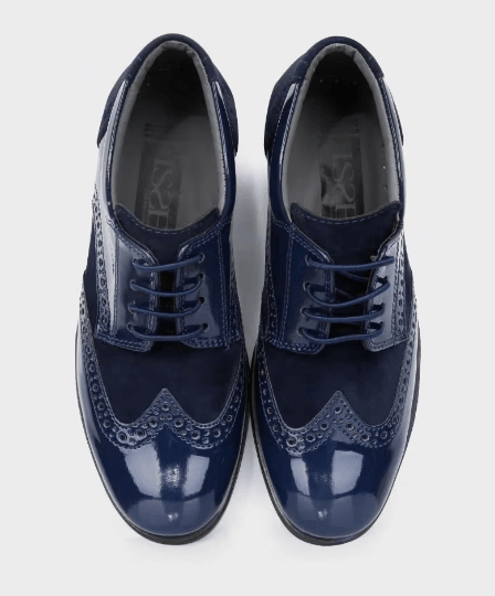 Boys Patent Leather & Suede Lace Up Brogue Derby Shoes - Navy Blue